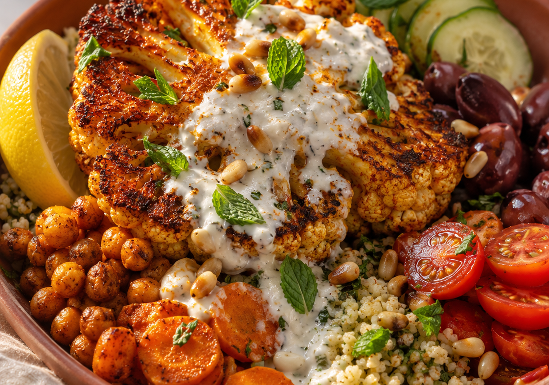The Mediterranean Cauliflower &ldquo;Steak&rdquo; Bowl with Roasted Vegetables
