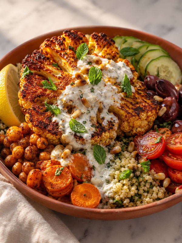 The Mediterranean Cauliflower “Steak” Bowl with Roasted Vegetables