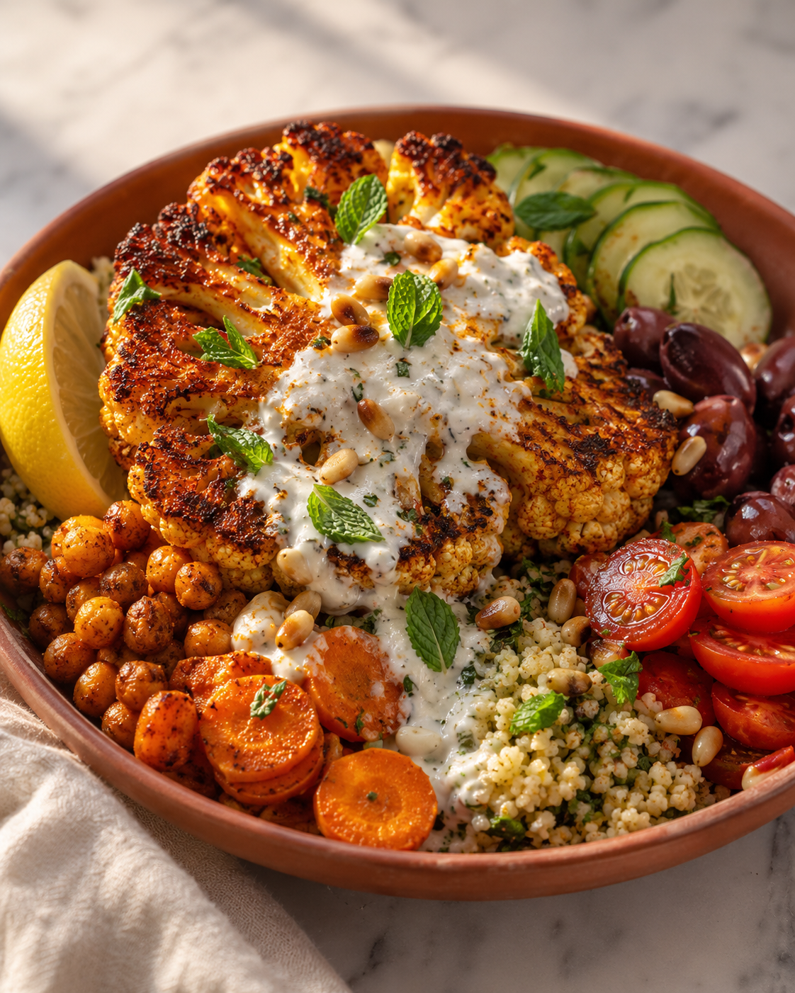 Finished Mediterranean cauliflower steak bowl — golden, beautiful and ready to serve