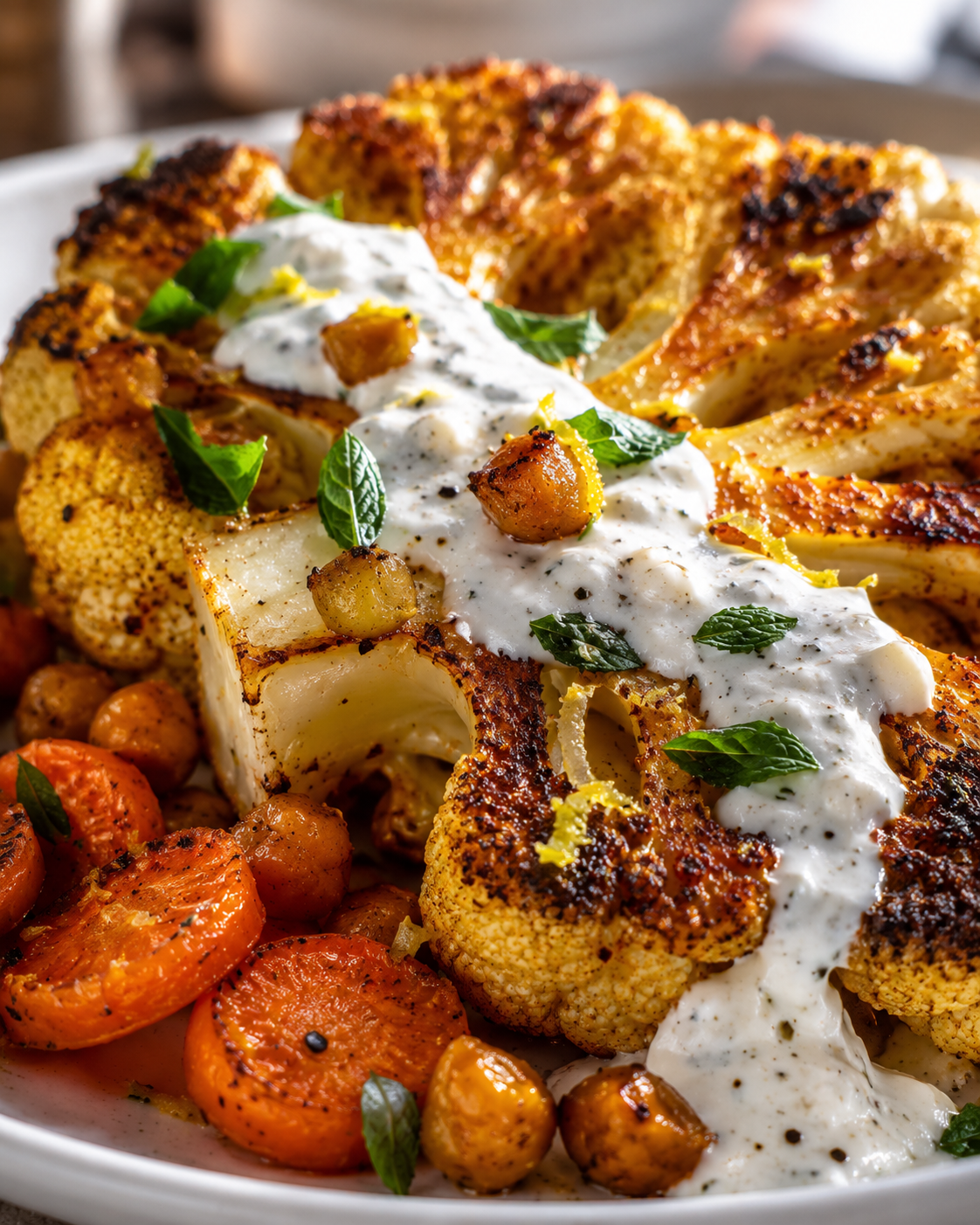 Mediterranean cauliflower steak bowl — golden spiced cauliflower with roasted vegetables and whipped feta drizzle