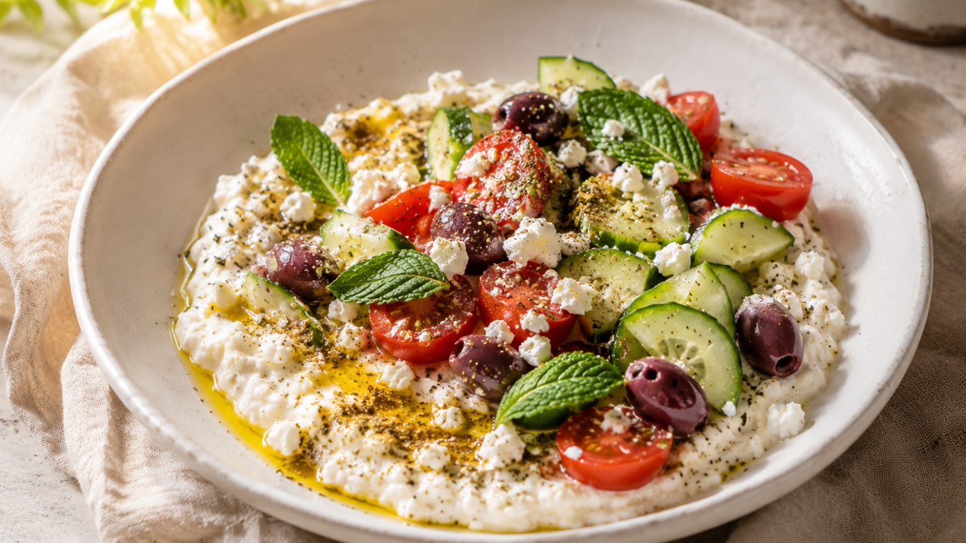 The 5-Minute Mediterranean Cottage Cheese Plate That’s a Healthy Low-calorie Breakfast That Keeps you Full