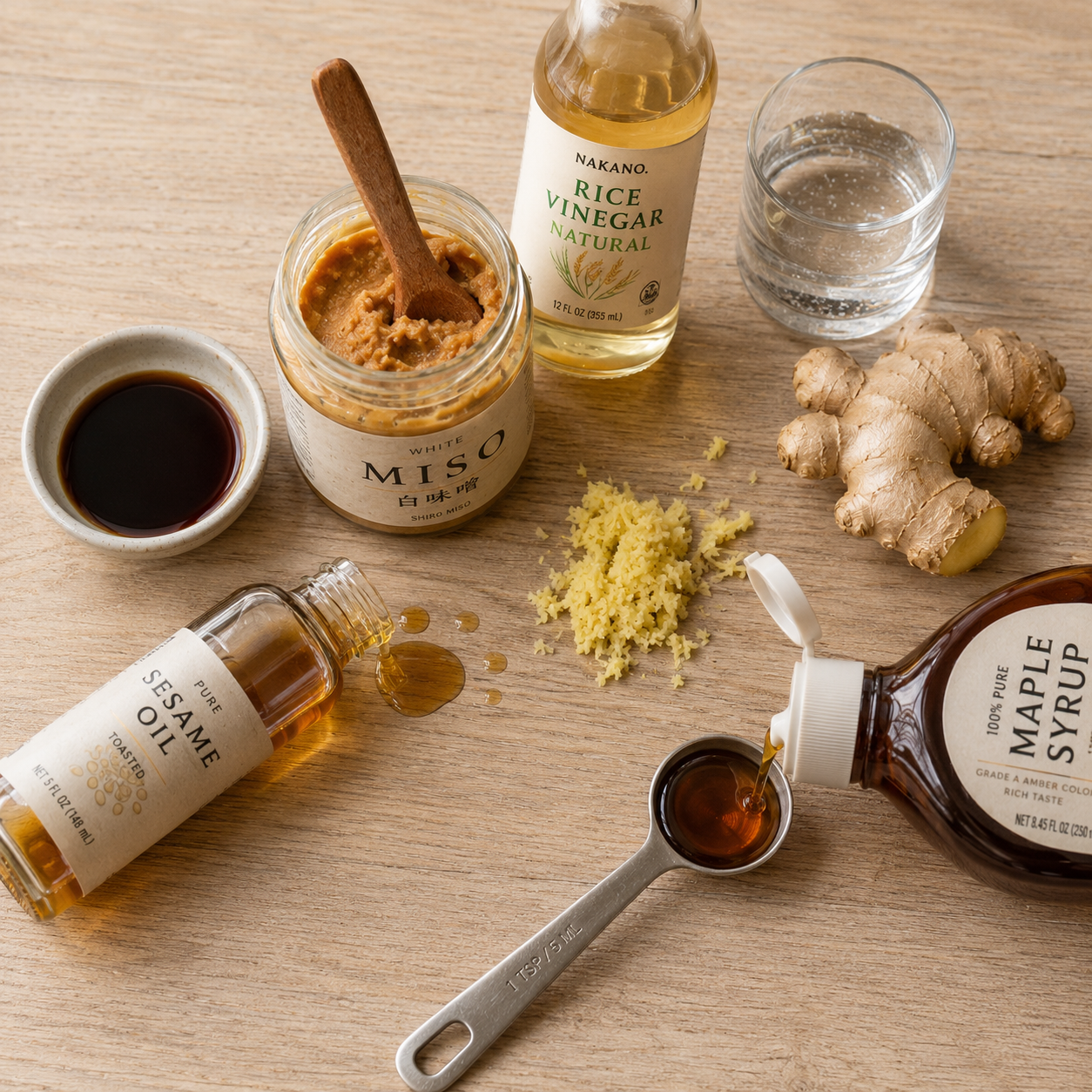 Miso-ginger sauce ingredients laid out &mdash; white miso, sesame oil, rice vinegar, soy sauce, ginger and maple syrup