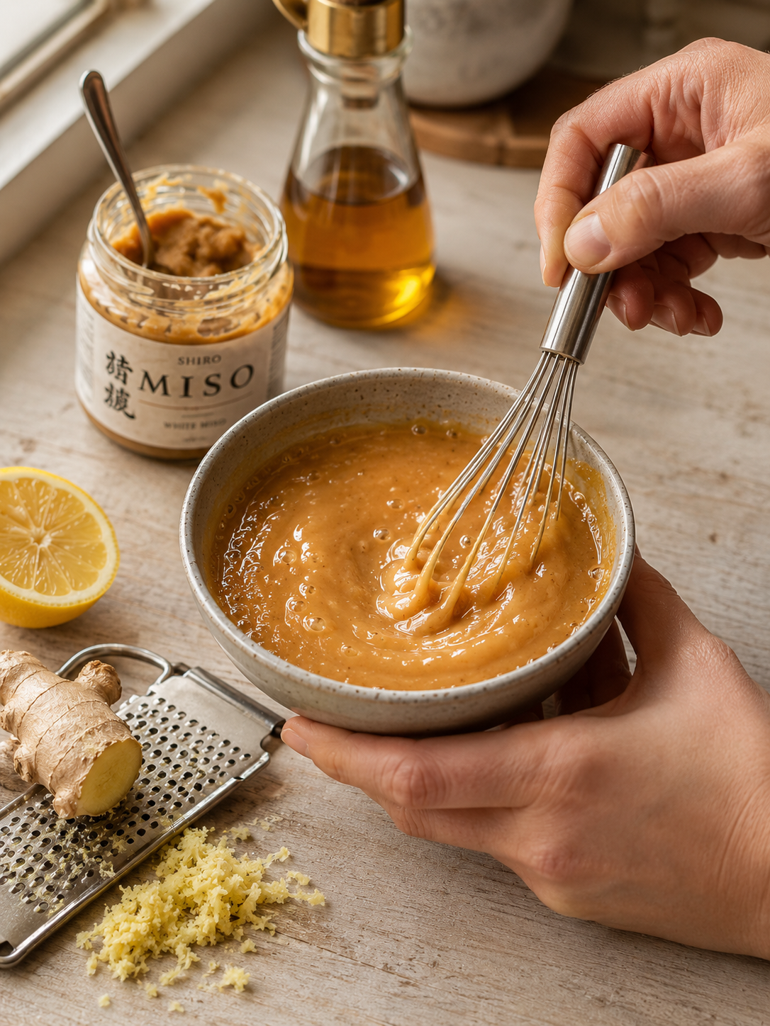 Whisking the miso-ginger sauce together in a ceramic bowl &mdash; smooth, golden and glossy