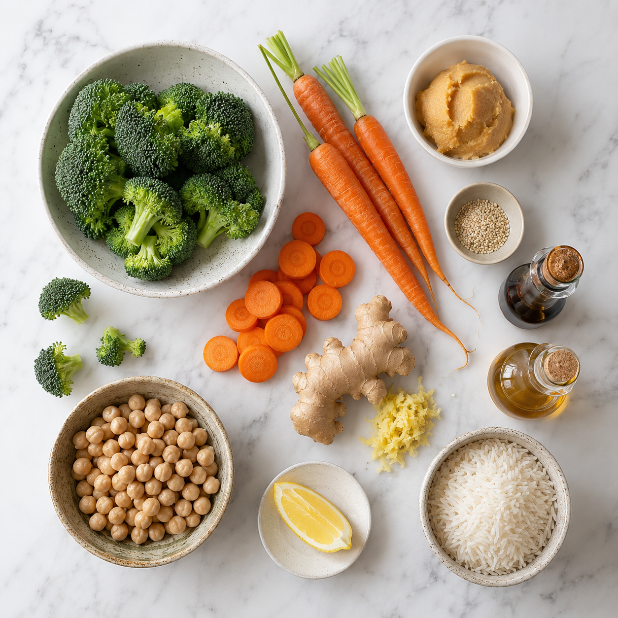 All umami bowl ingredients laid out on marble &mdash; broccoli, carrots, chickpeas, miso paste, ginger, rice, sesame oil and soy sauce