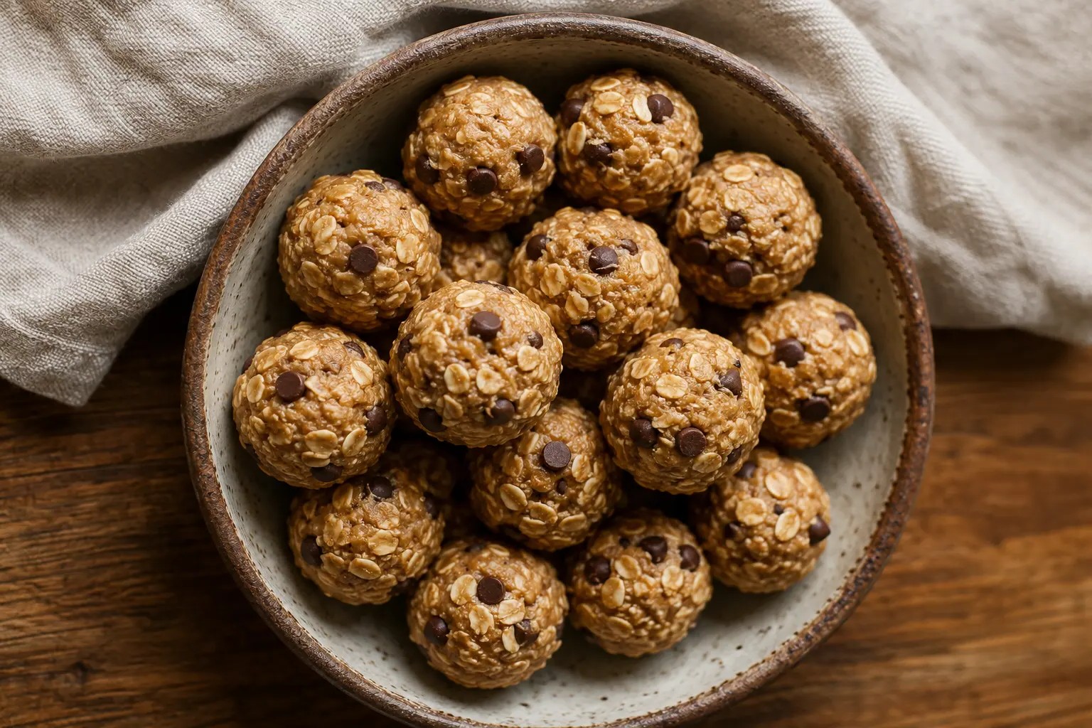 Finished peanut butter energy balls stored in an airtight container &mdash; ready to grab all week