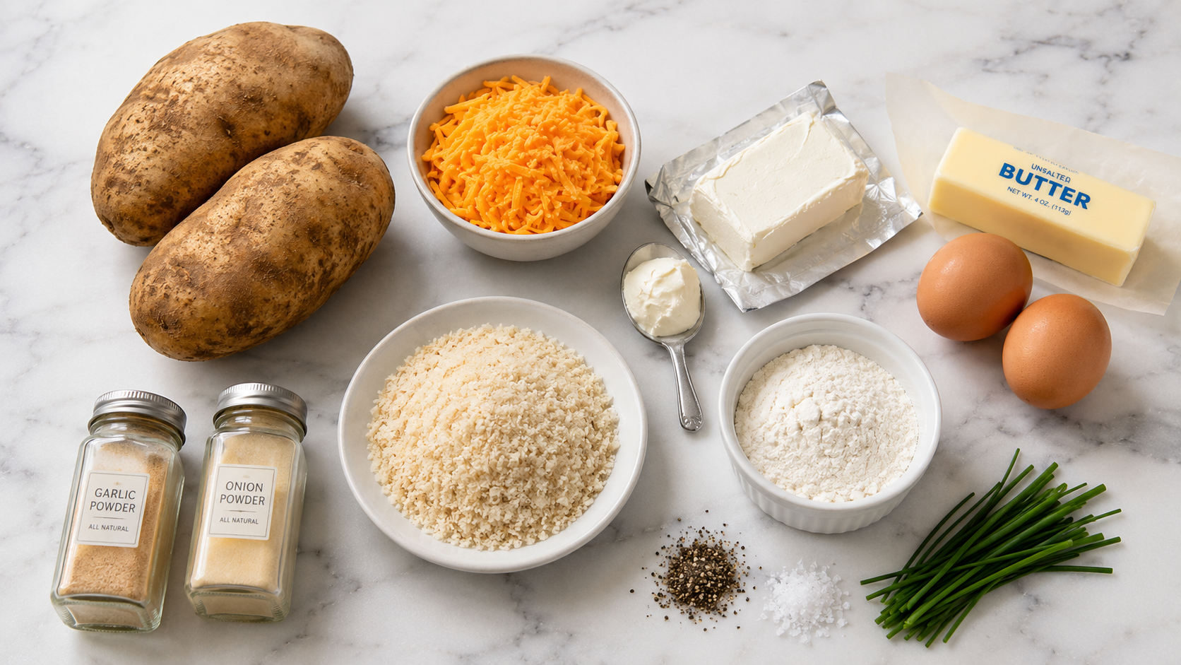 All potato croquette ingredients laid out flat — potatoes, cheddar, cream cheese, panko, eggs, flour and herbs
