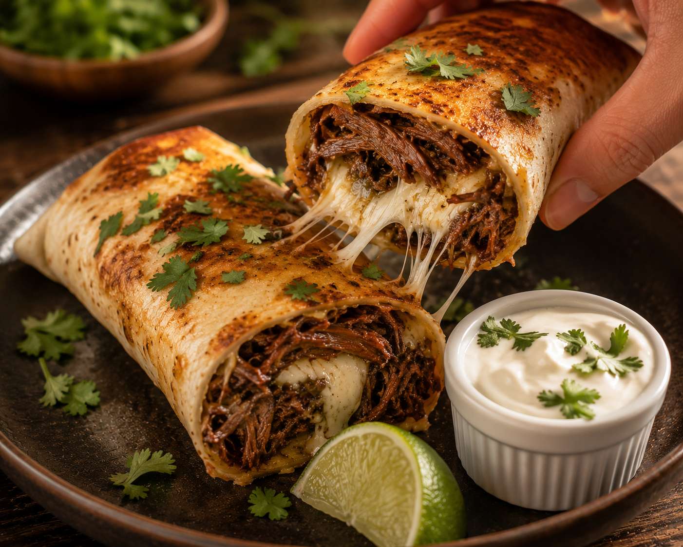 Cheesy shredded beef roll-ups arranged on a serving board — golden and ready to eat