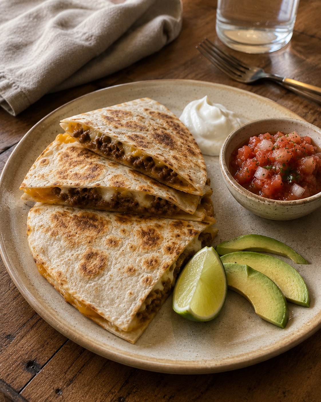 Beef quesadilla triangles plated with sour cream and fresh salsa — golden and perfectly crispy