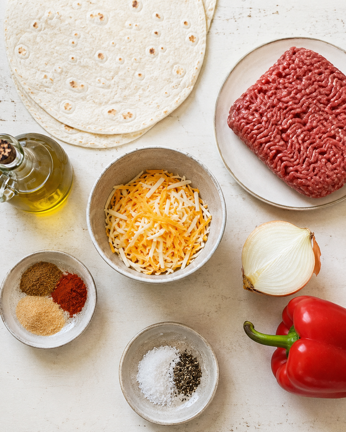 All quesadilla ingredients laid out: flour tortillas, ground beef, mozzarella, cheddar, onion, bell pepper and spices