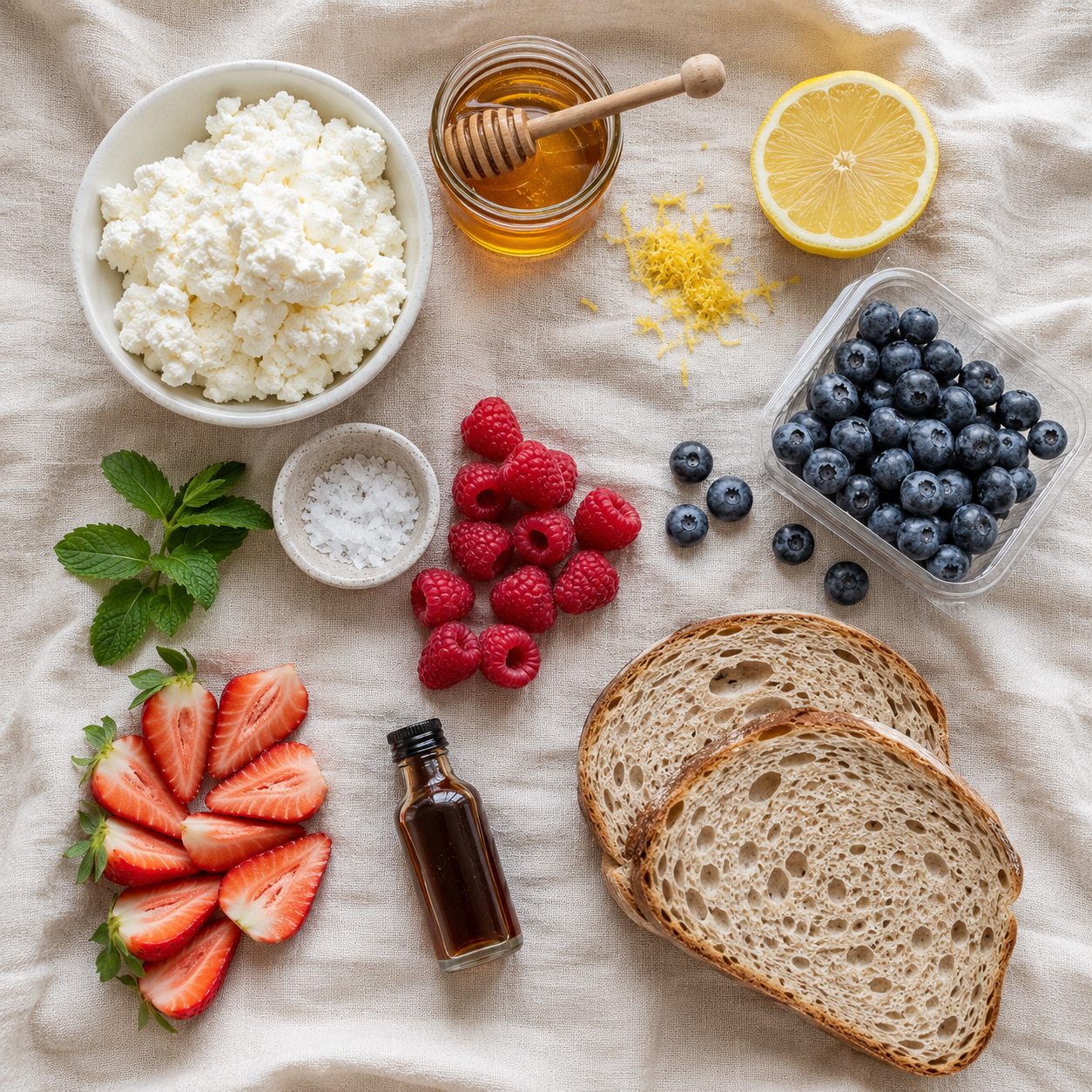 All ingredients laid out: ricotta, sourdough, honey, mixed berries, vanilla, lemon, mint and flaky salt