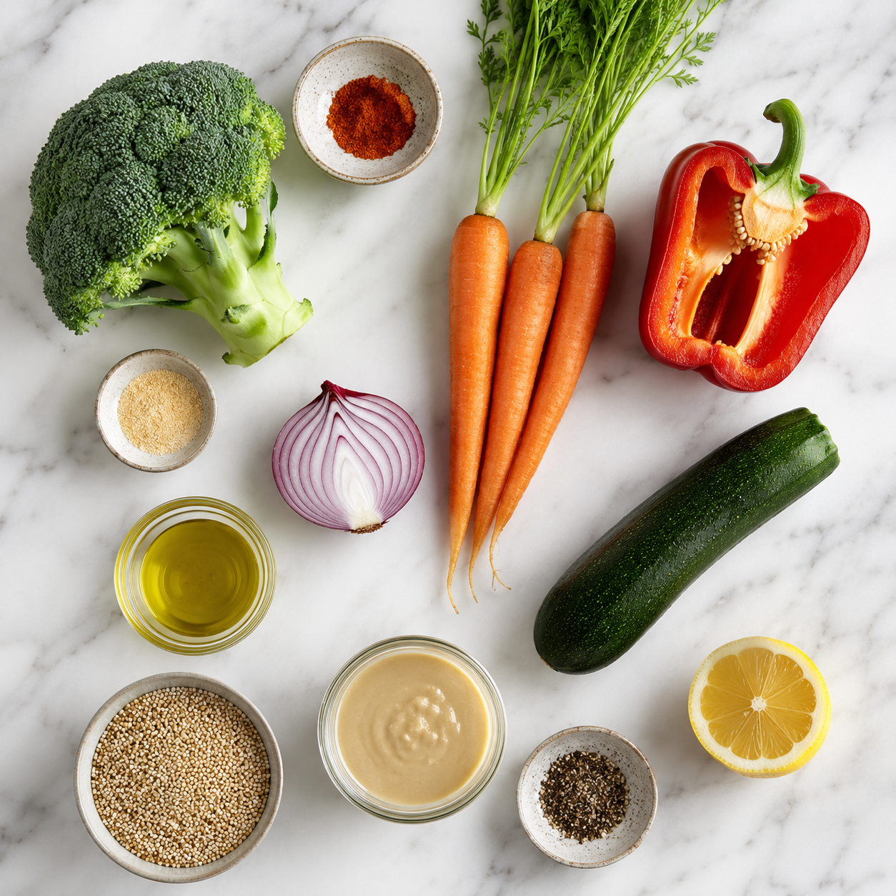 All roasted vegetable bowl ingredients laid out flat &mdash; broccoli, carrots, bell pepper, zucchini, red onion, olive oil, tahini, lemon and grain