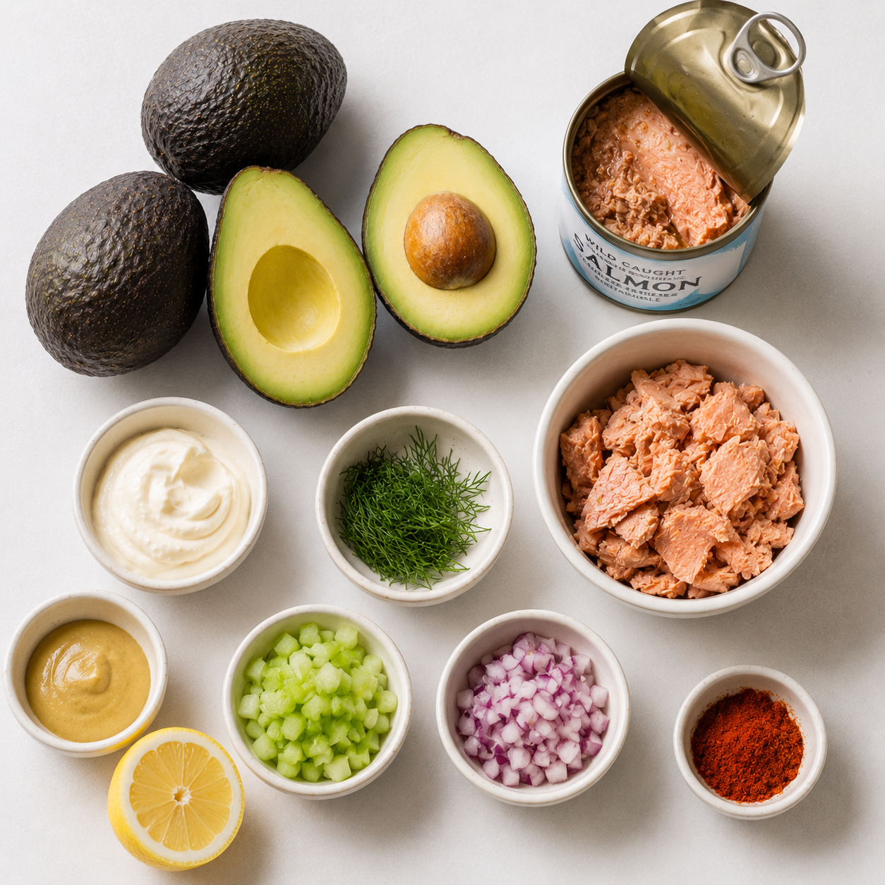 All salmon stuffed avocado ingredients laid out flat — canned salmon, avocados, mayo, dill, celery, lemon