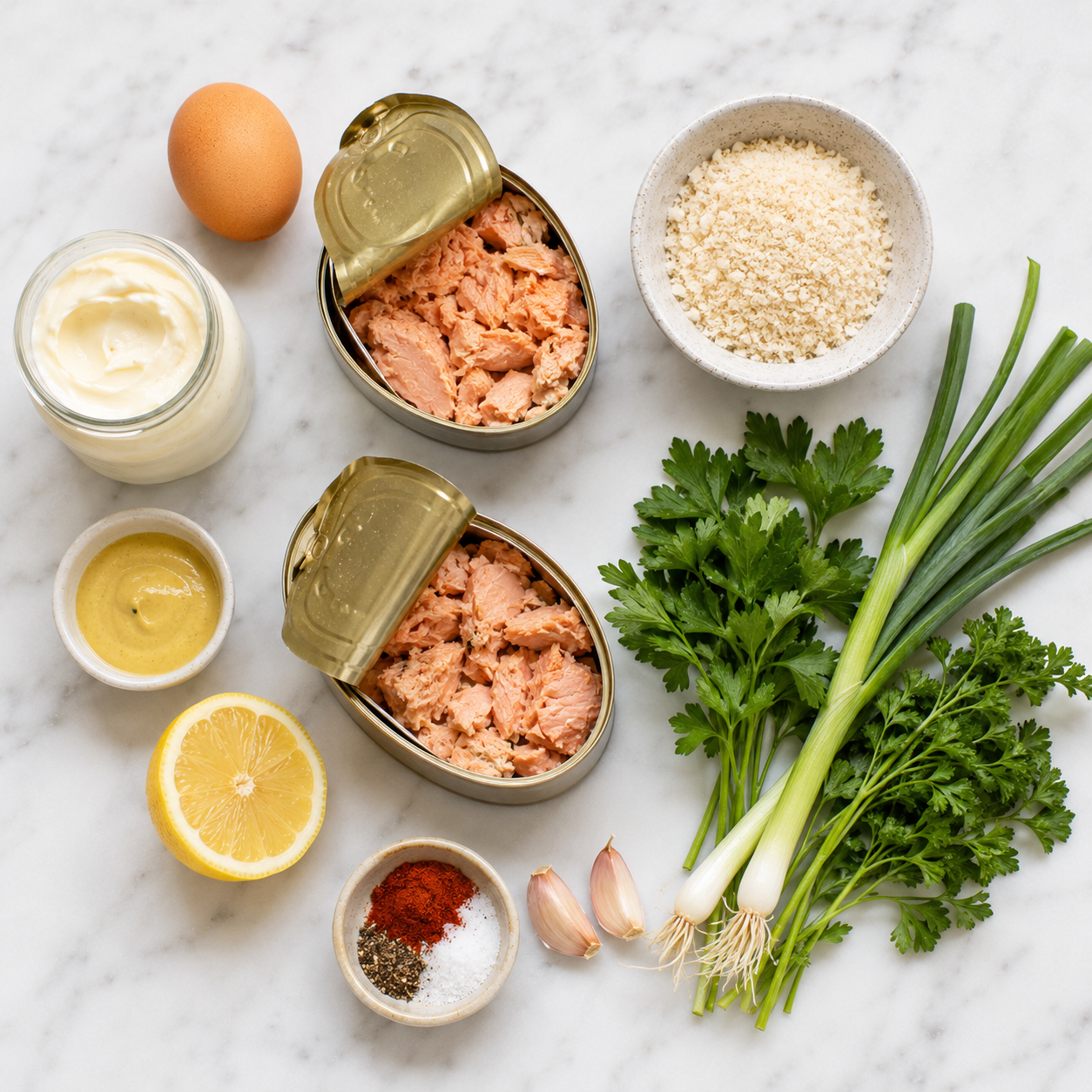 All salmon fritter ingredients laid out flat — canned salmon, egg, panko, mayo, lemon, herbs and spices