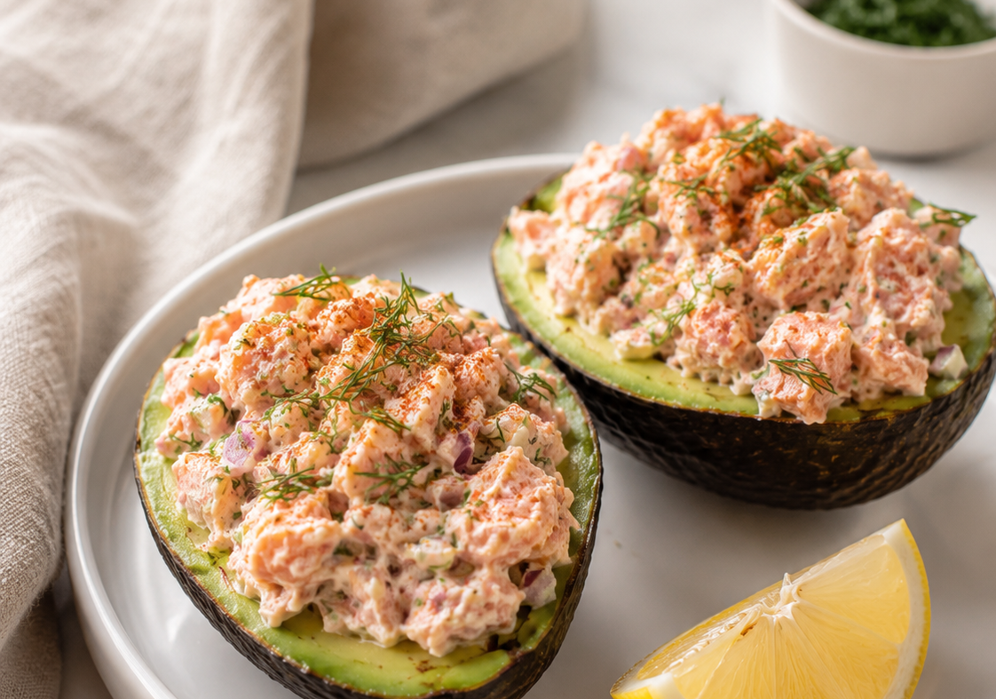 Salmon Salad Stuffed Avocados Perfect for Keto  (No-Cook, 10 Minutes)