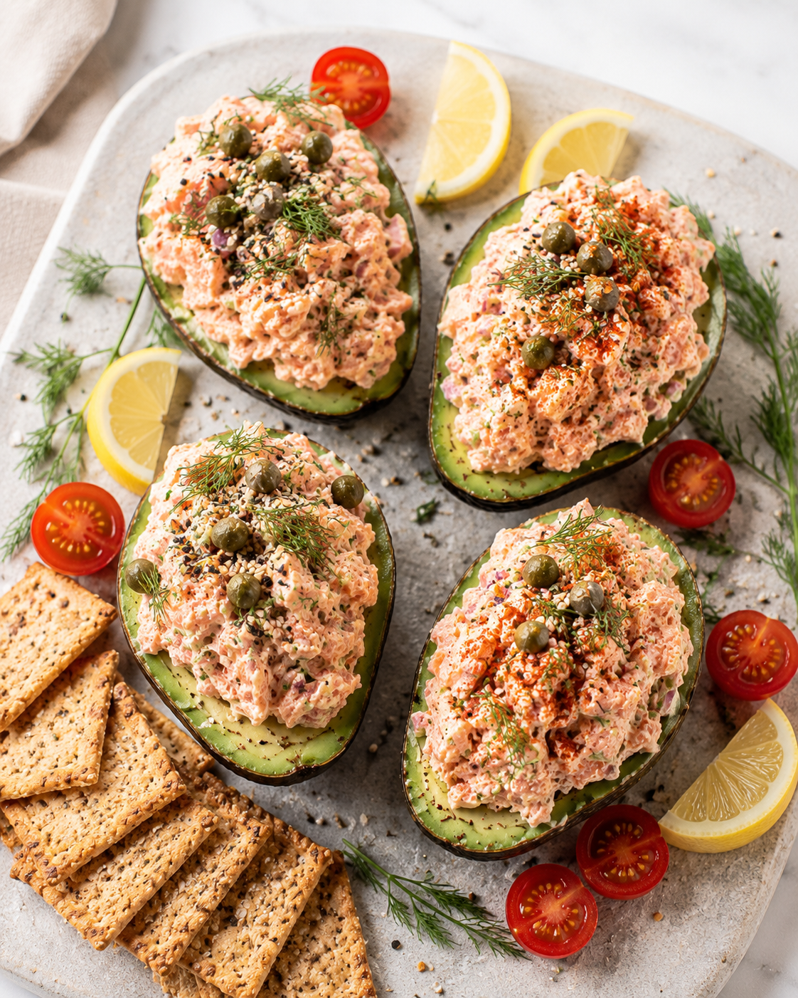 Salmon salad stuffed avocado halves on a serving board — creamy filling, fresh dill, lemon