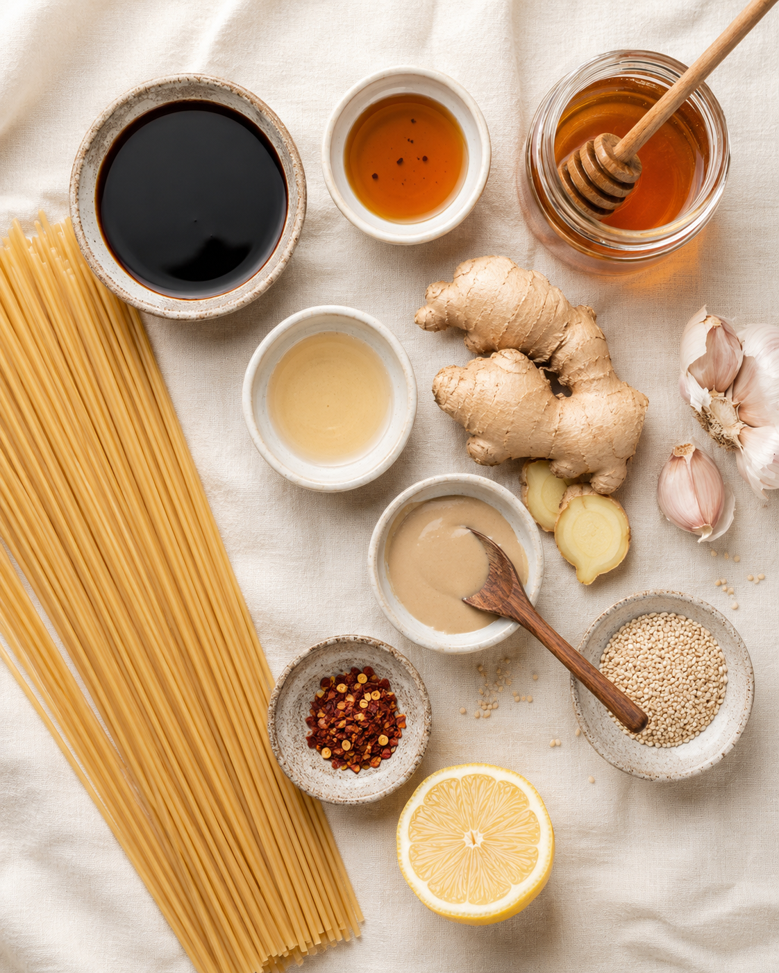 All ingredients laid out flat — spaghetti, sesame oil, soy sauce, ginger, garlic, tahini and toppings
