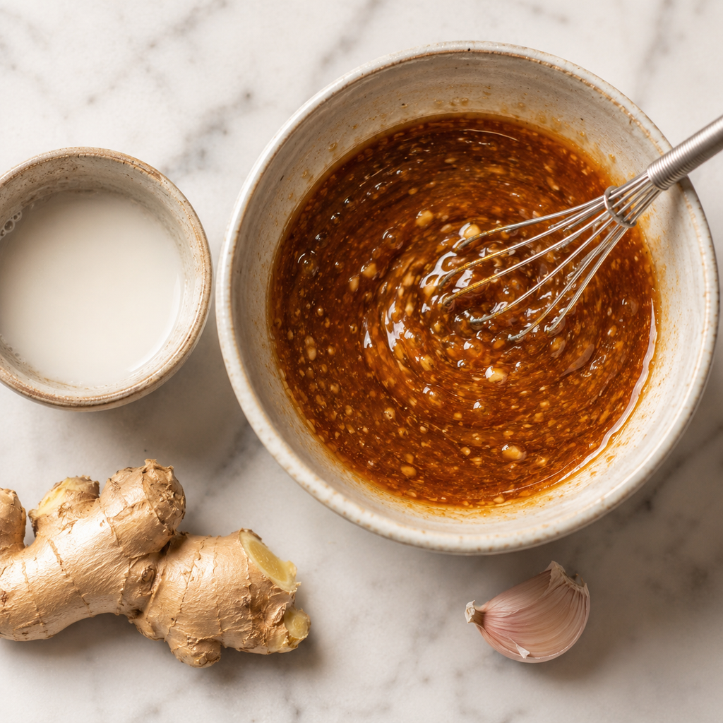 Whisking together soy sauce, sesame oil, ginger, garlic and tahini into a smooth sauce