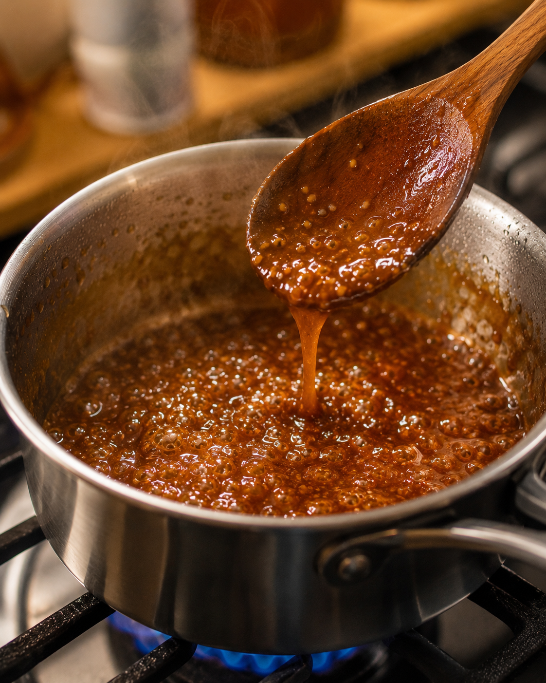 Sesame ginger sauce thickening in a pan over medium heat — glossy and sticky