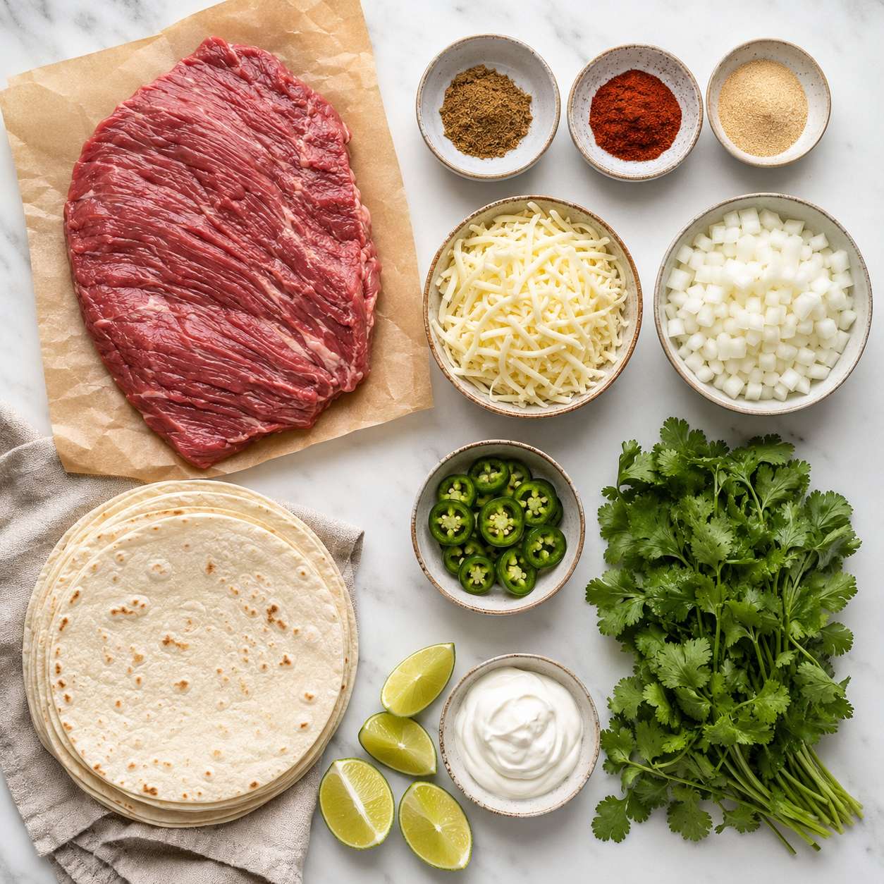 All cheesy shredded beef roll-up ingredients laid out: beef chuck, tortillas, cheese, onion, jalapeño, spices and cilantro