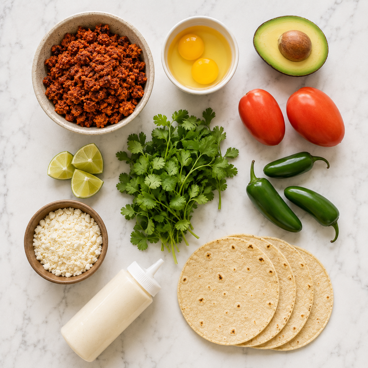 All spicy breakfast taco ingredients laid out — chorizo, eggs, tortillas, tomatoes, jalapeños, avocado and cotija