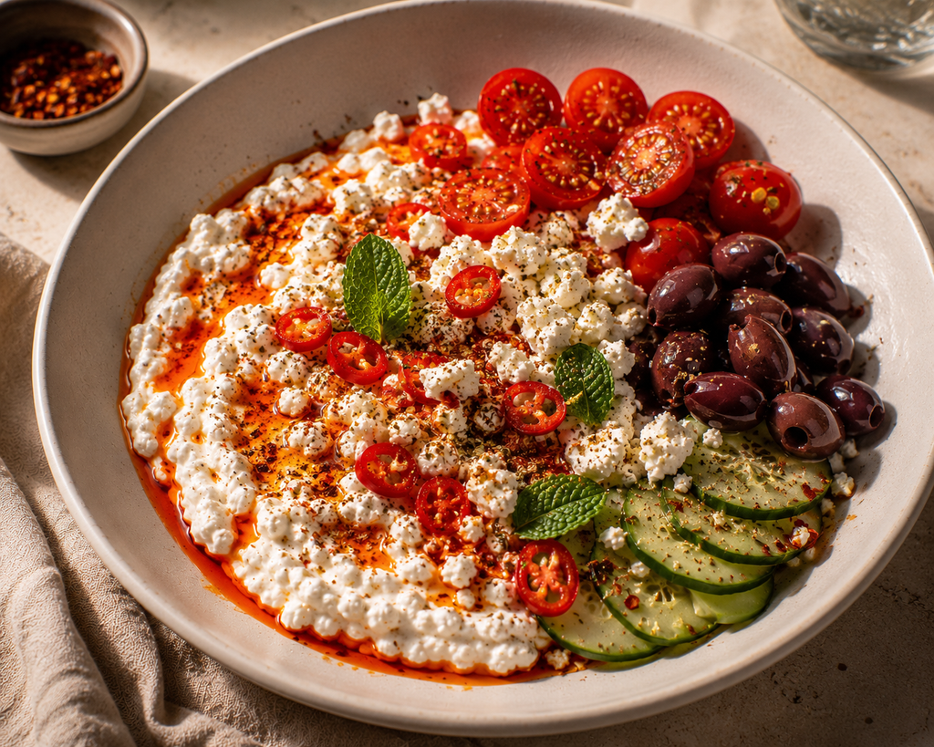 Spicy Mediterranean cottage cheese bowl with chili oil, red pepper flakes and extra feta