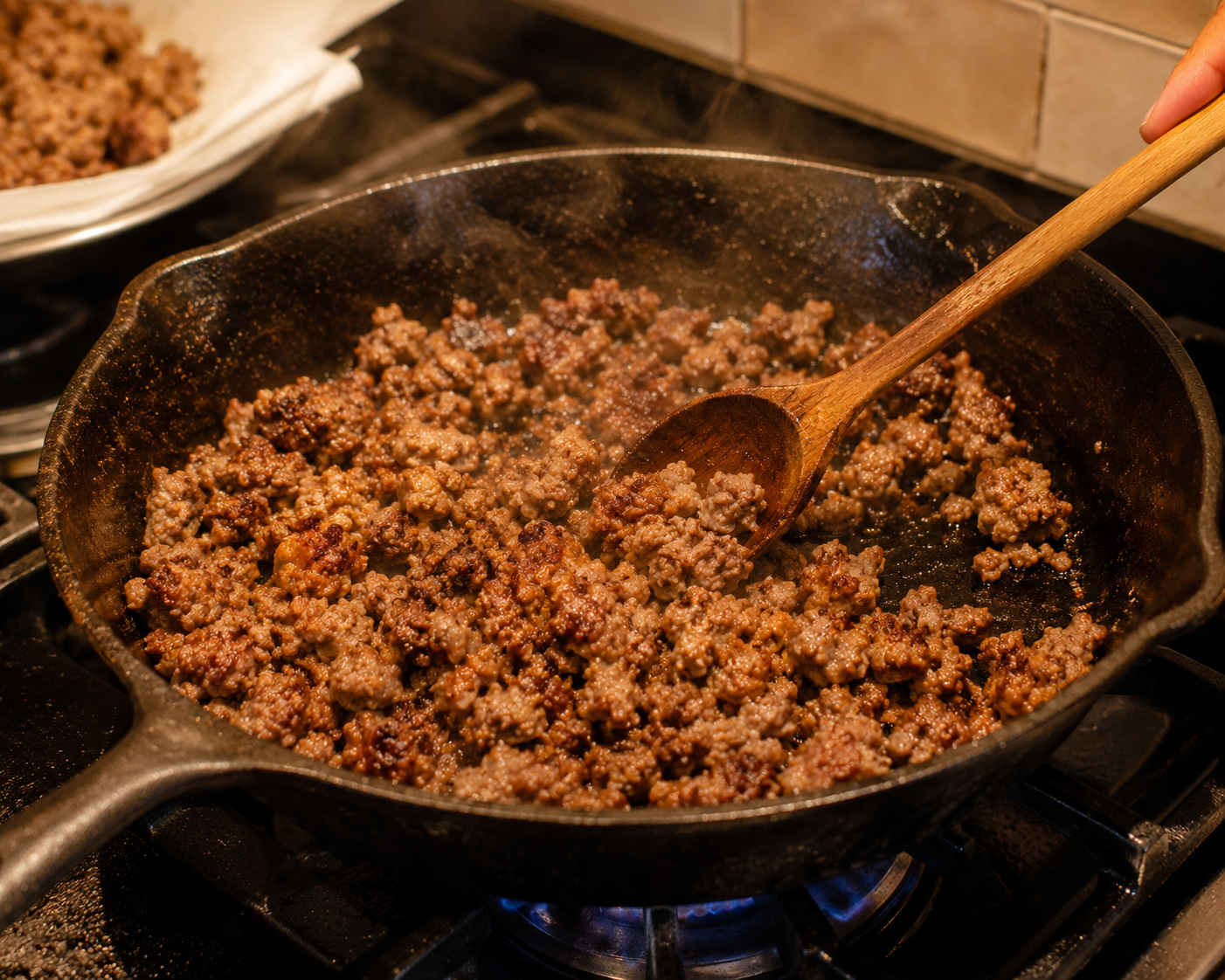 Breakfast sausage crumbling and browning in a cast-iron skillet — crispy edges forming