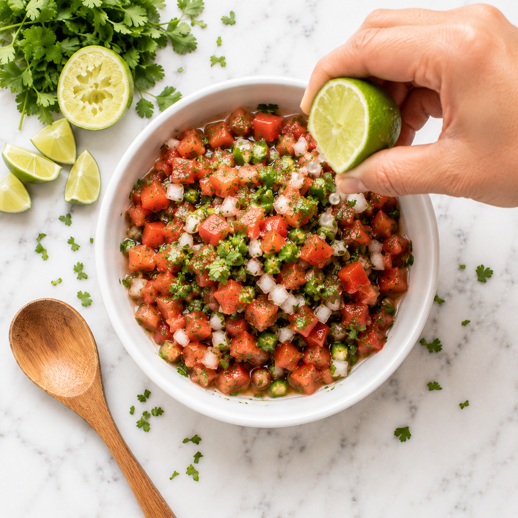 Fresh pico de gallo salsa made with diced tomatoes, onion, jalapeño, cilantro and lime