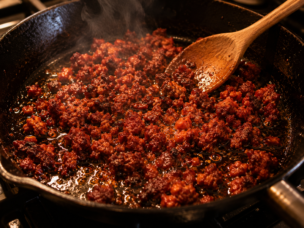 Mexican chorizo cooking in a skillet — crumbled, crispy at the edges and deeply spiced