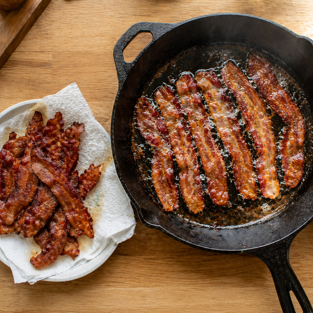 Bacon strips cooking in a skillet until golden and crispy