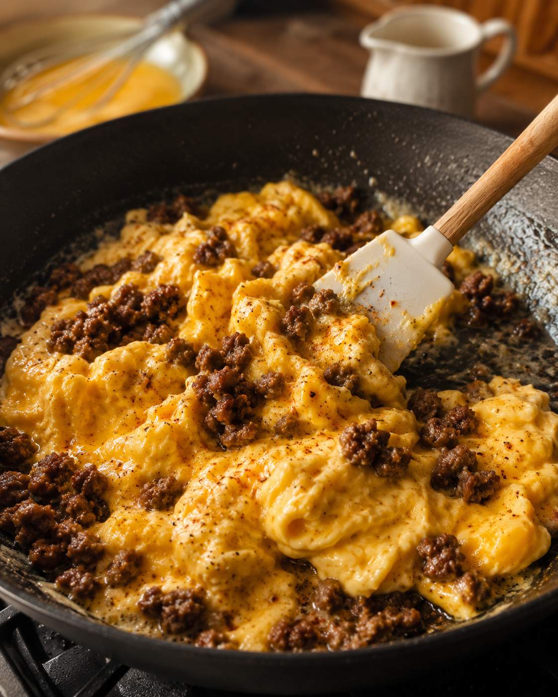 Fluffy scrambled eggs cooking slowly in the same skillet — soft, creamy folds with sausage mixed in