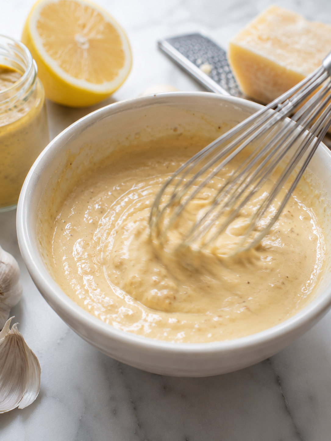 Homemade Caesar dressing being whisked together in a small bowl