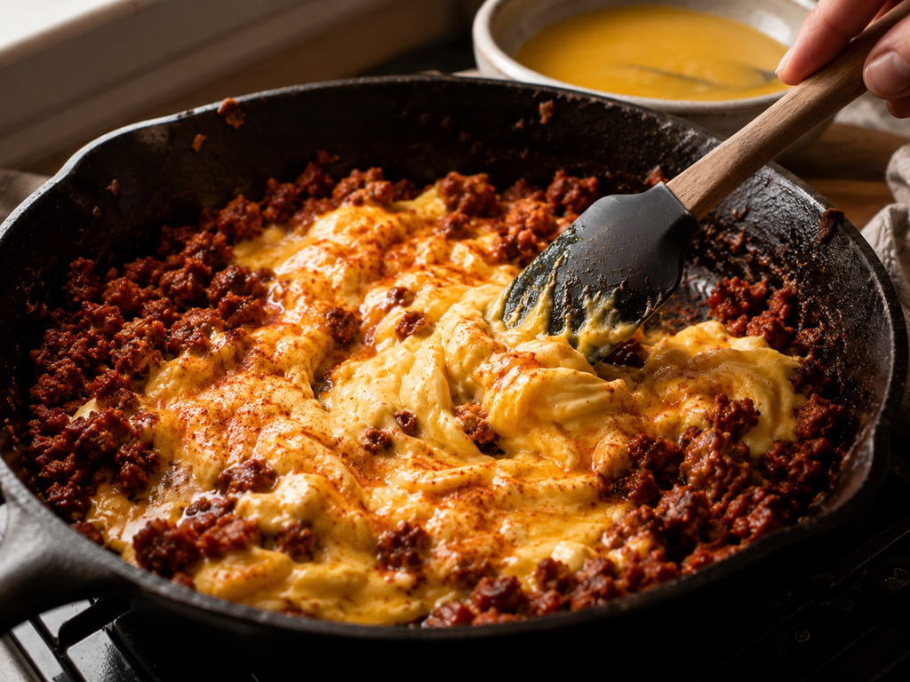 Eggs scrambled gently into the crispy chorizo — soft, creamy and full of smoky flavor