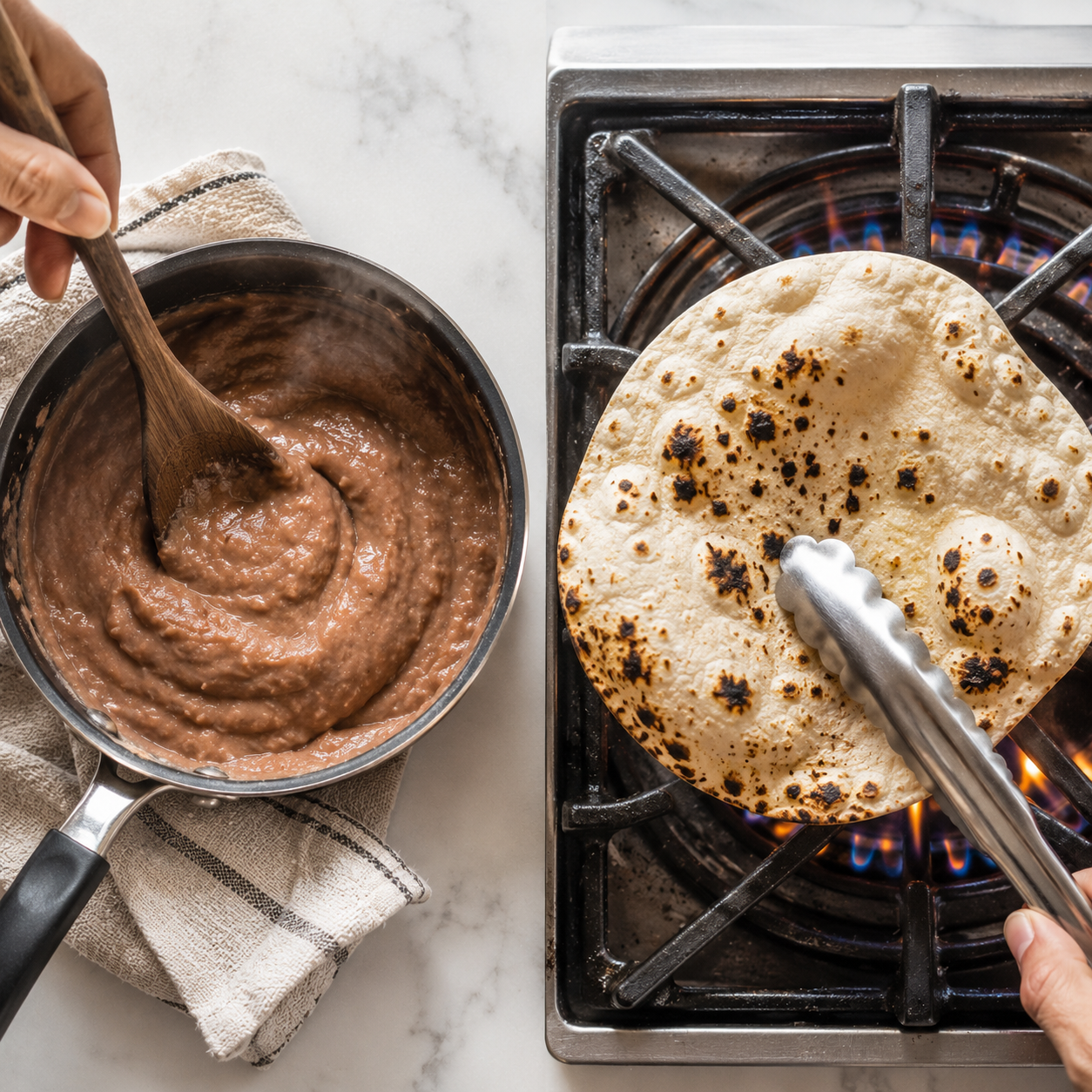 Flour tortilla warming directly over a gas flame — blistering and becoming pliable