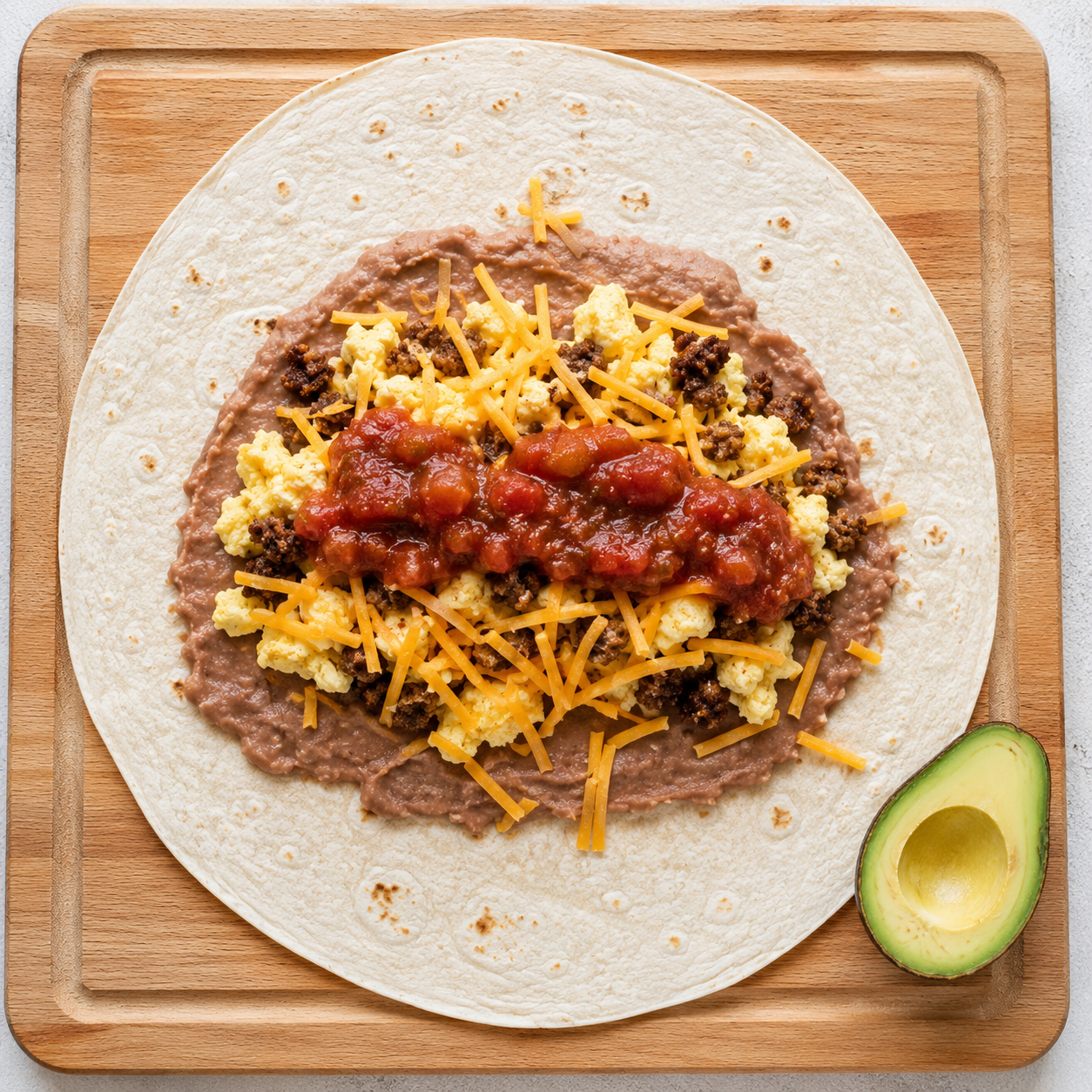 Burrito assembly in progress — beans, egg and sausage filling, cheese and salsa layered on the tortilla