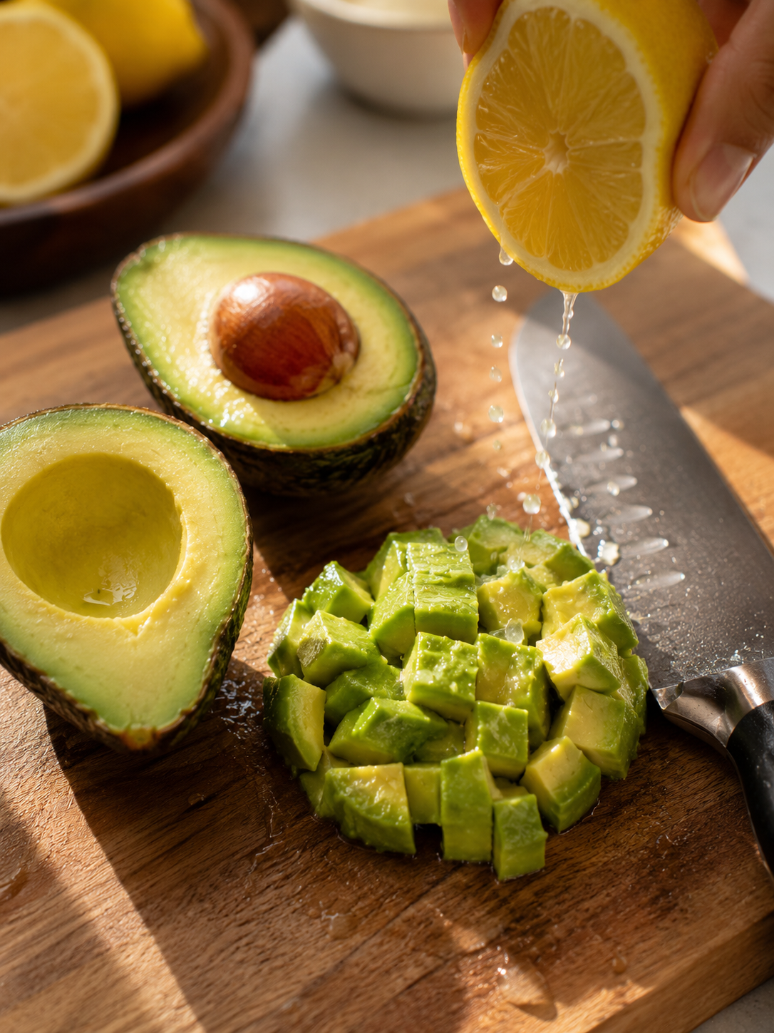 Ripe avocado being diced with a squeeze of lemon juice to prevent browning