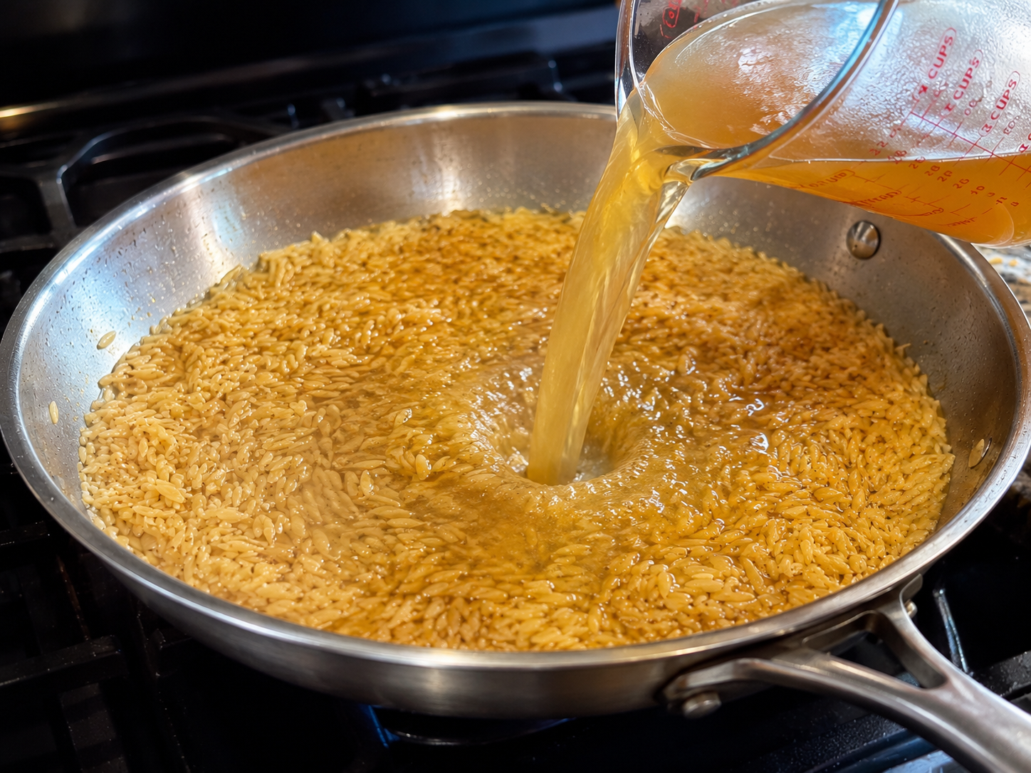 Pouring chicken broth into the orzo skillet — liquid simmering gently around the pasta