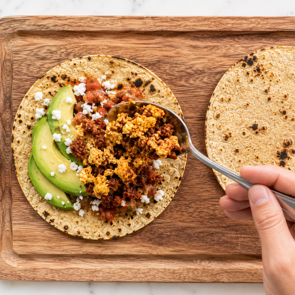 Breakfast taco fully assembled — chorizo eggs, avocado, fresh salsa, cotija and crema on a charred corn tortilla