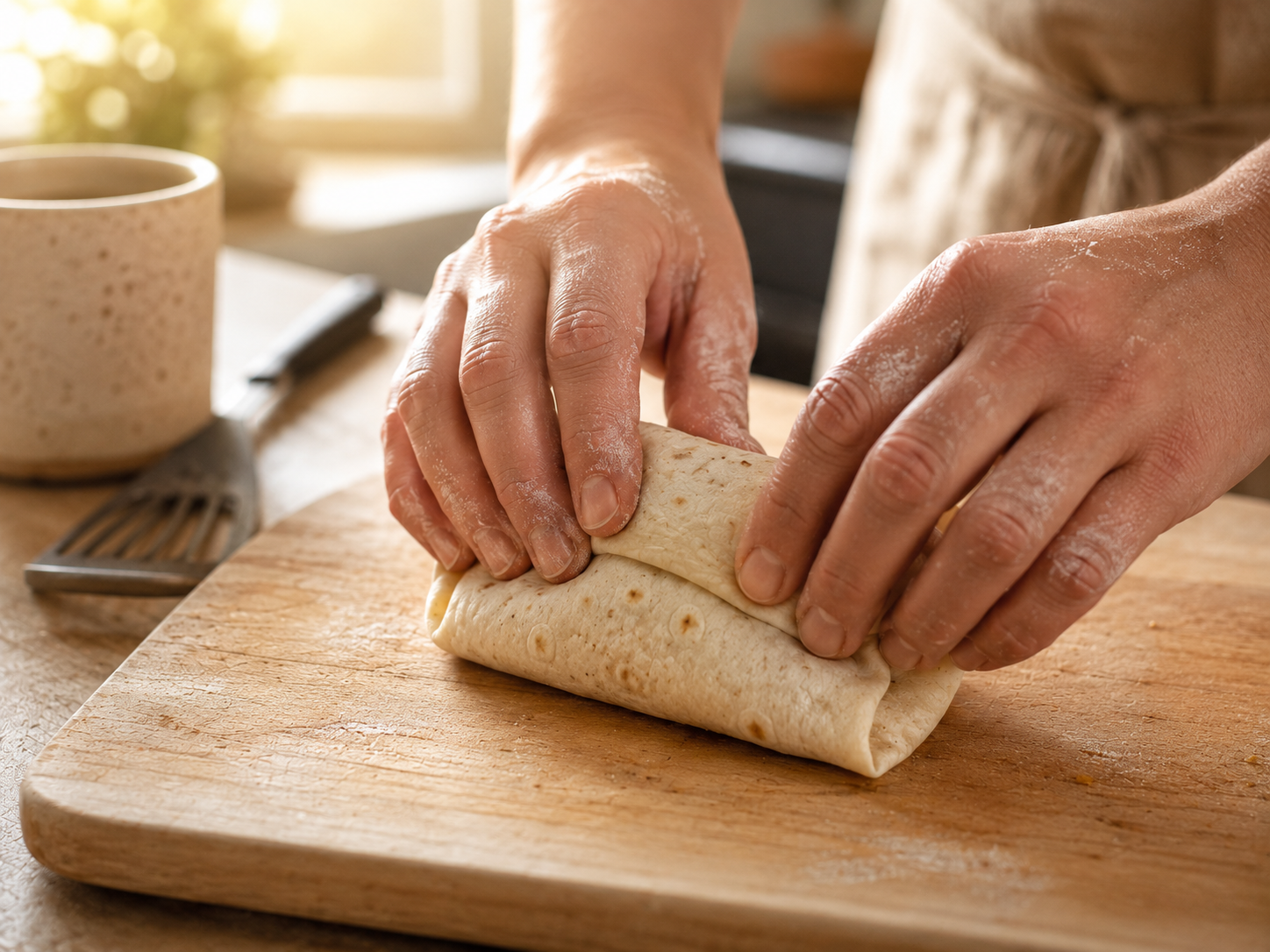 Burrito being rolled tightly — sides tucked in, bottom folded up, seam closed