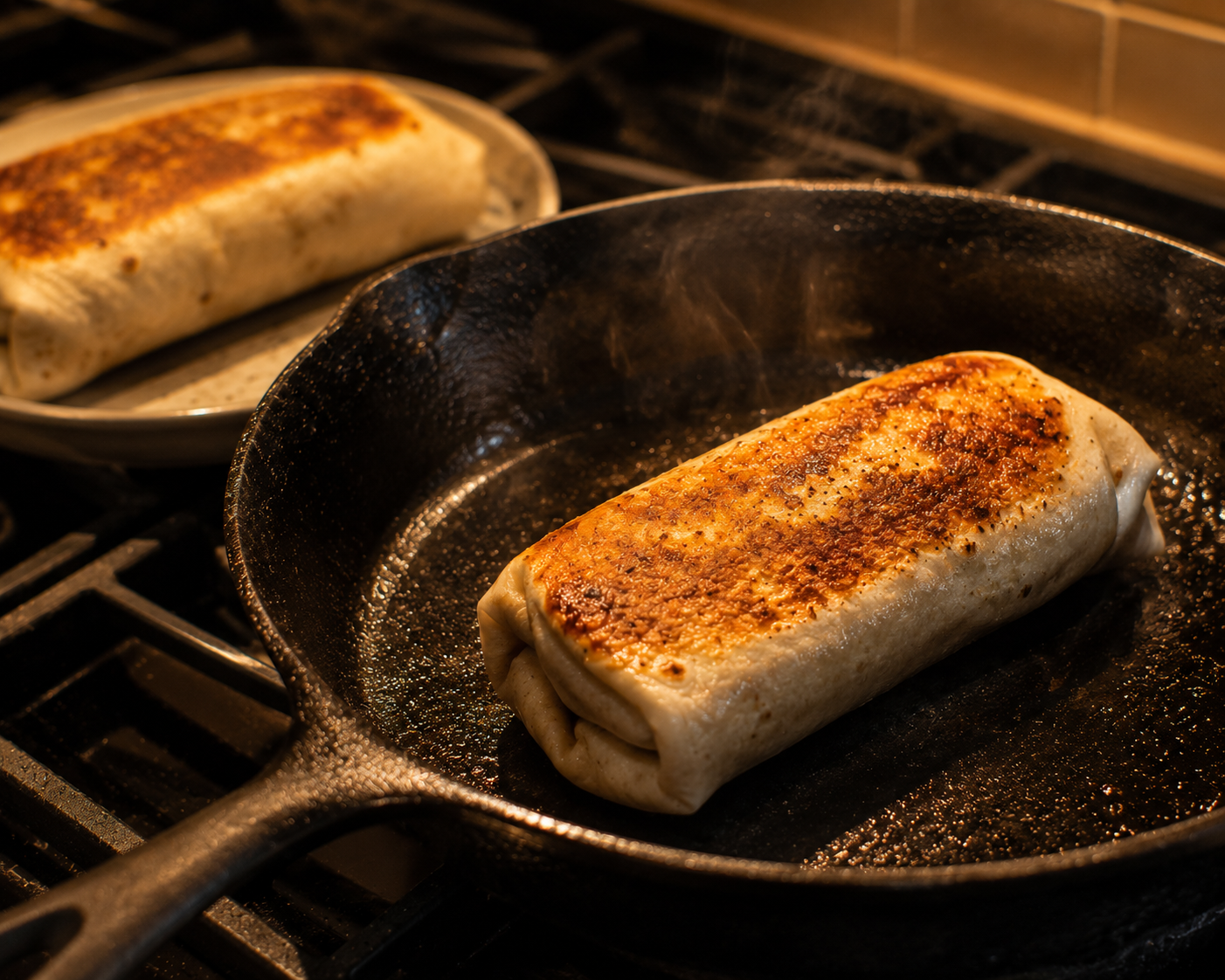 Rolled breakfast burrito toasting seam-side down in a dry skillet — golden and crispy