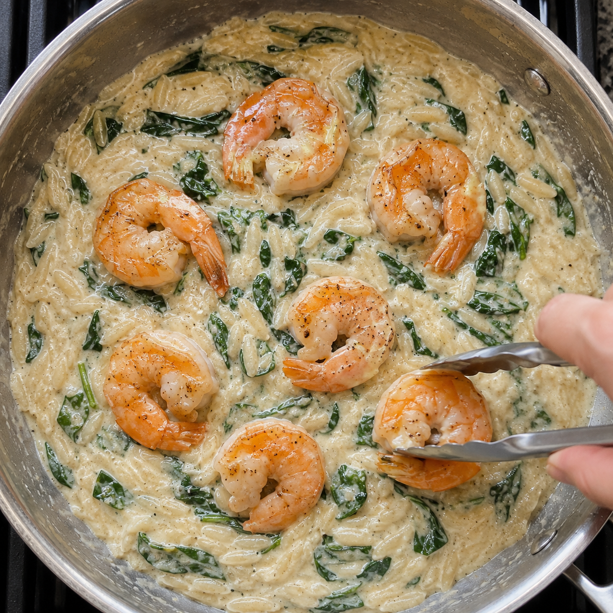 Cooked shrimp nestled back into the creamy spinach orzo — warming through in the sauce