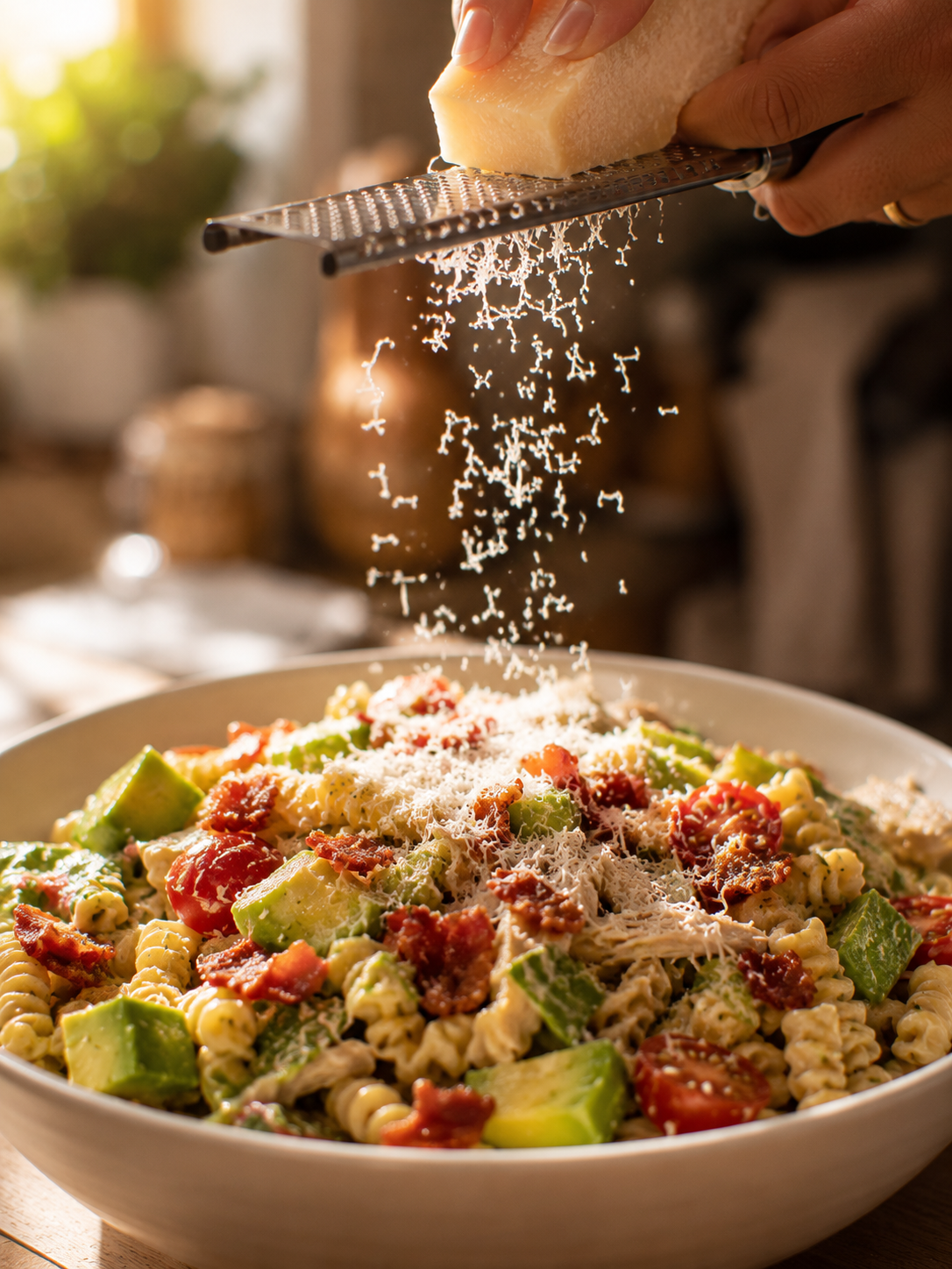 Freshly grated Parmesan being scattered over the finished pasta salad