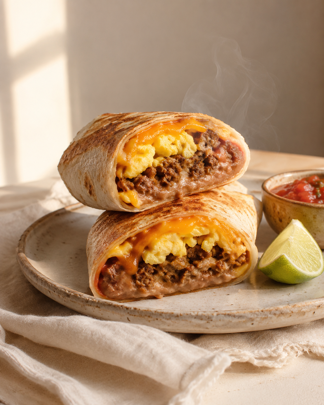 Sausage breakfast burrito cut diagonally in half — all layers visible, served with salsa and lime