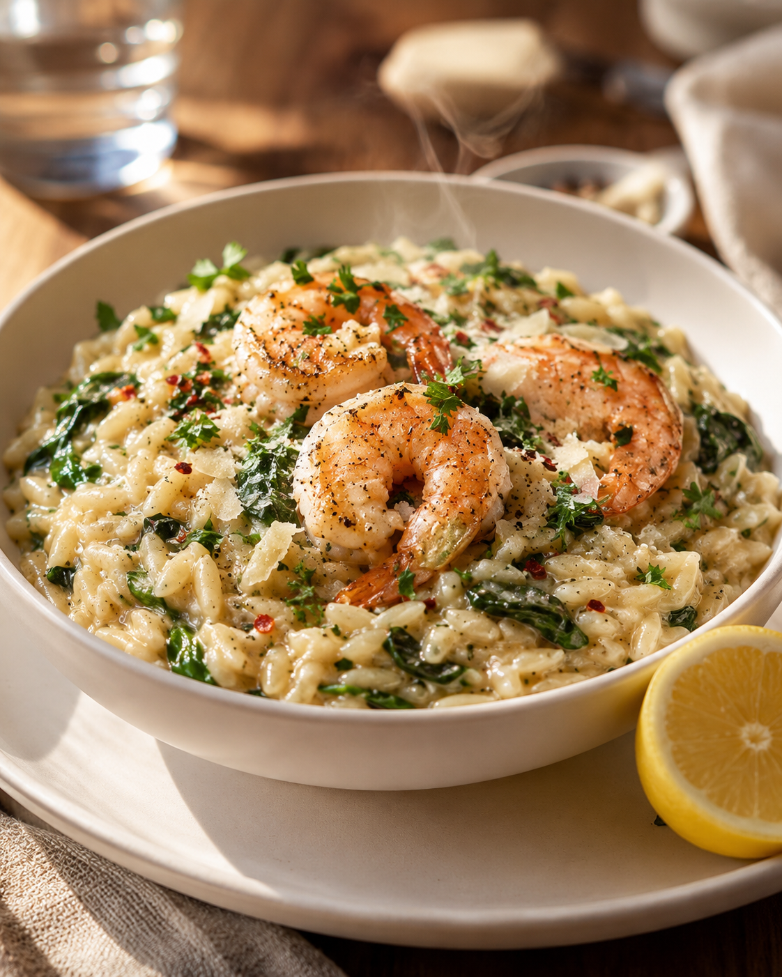 Creamy shrimp orzo served in a wide bowl — garnished with fresh parsley, parmesan and red pepper flakes