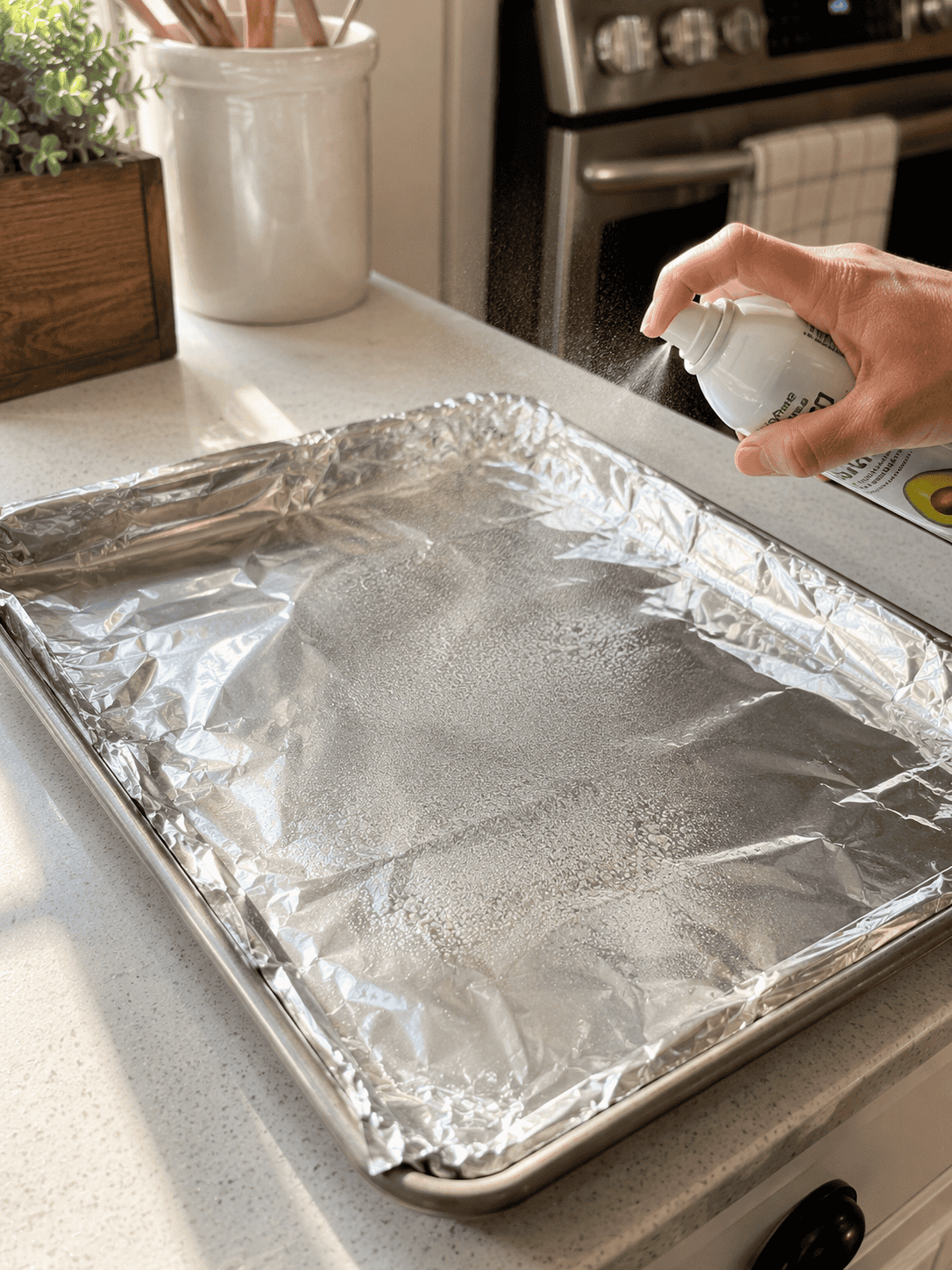 Foil-lined baking dish lightly greased and ready for the chicken thighs