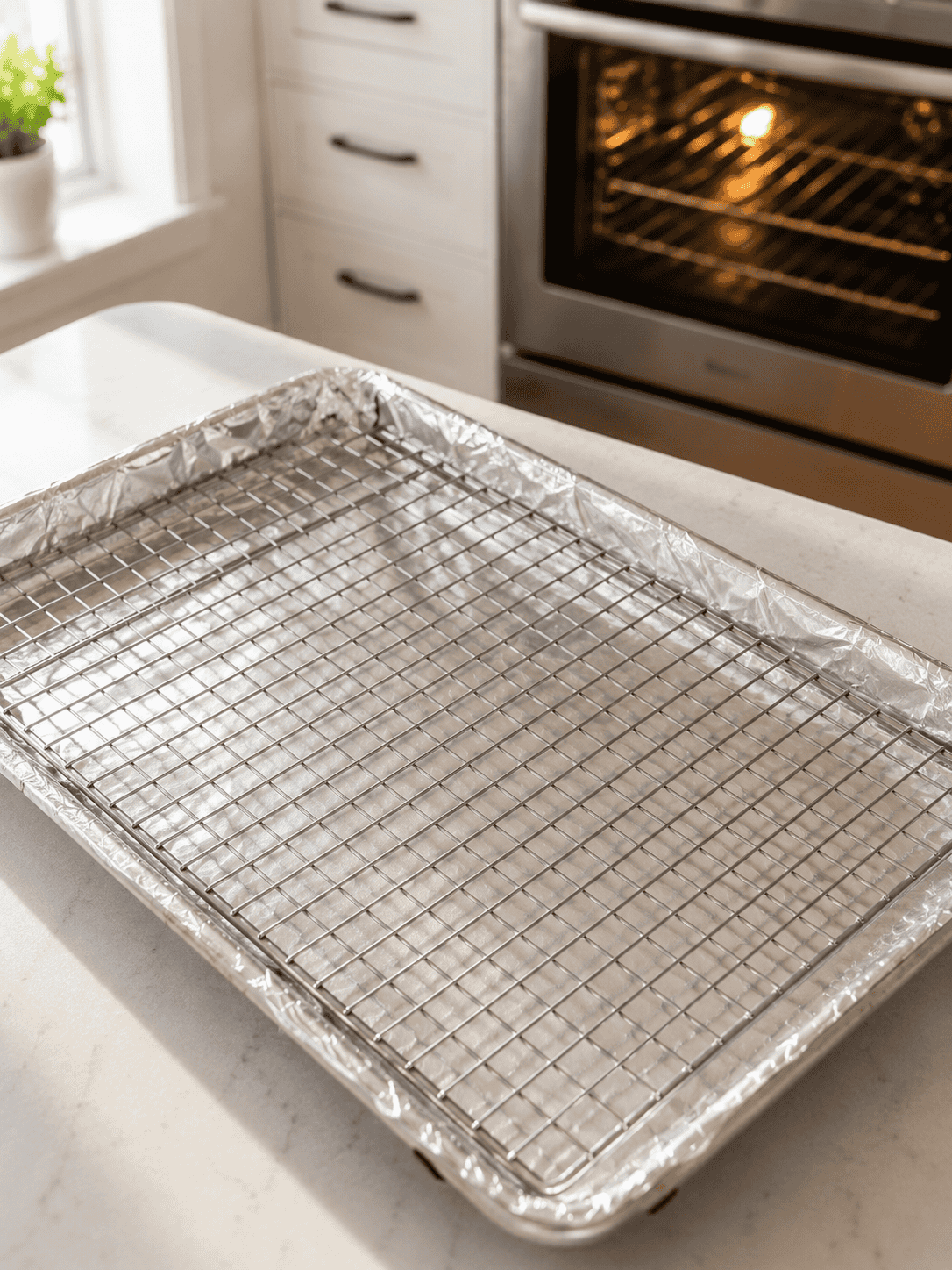 Foil-lined sheet pan with wire rack set up and ready for the chicken thighs