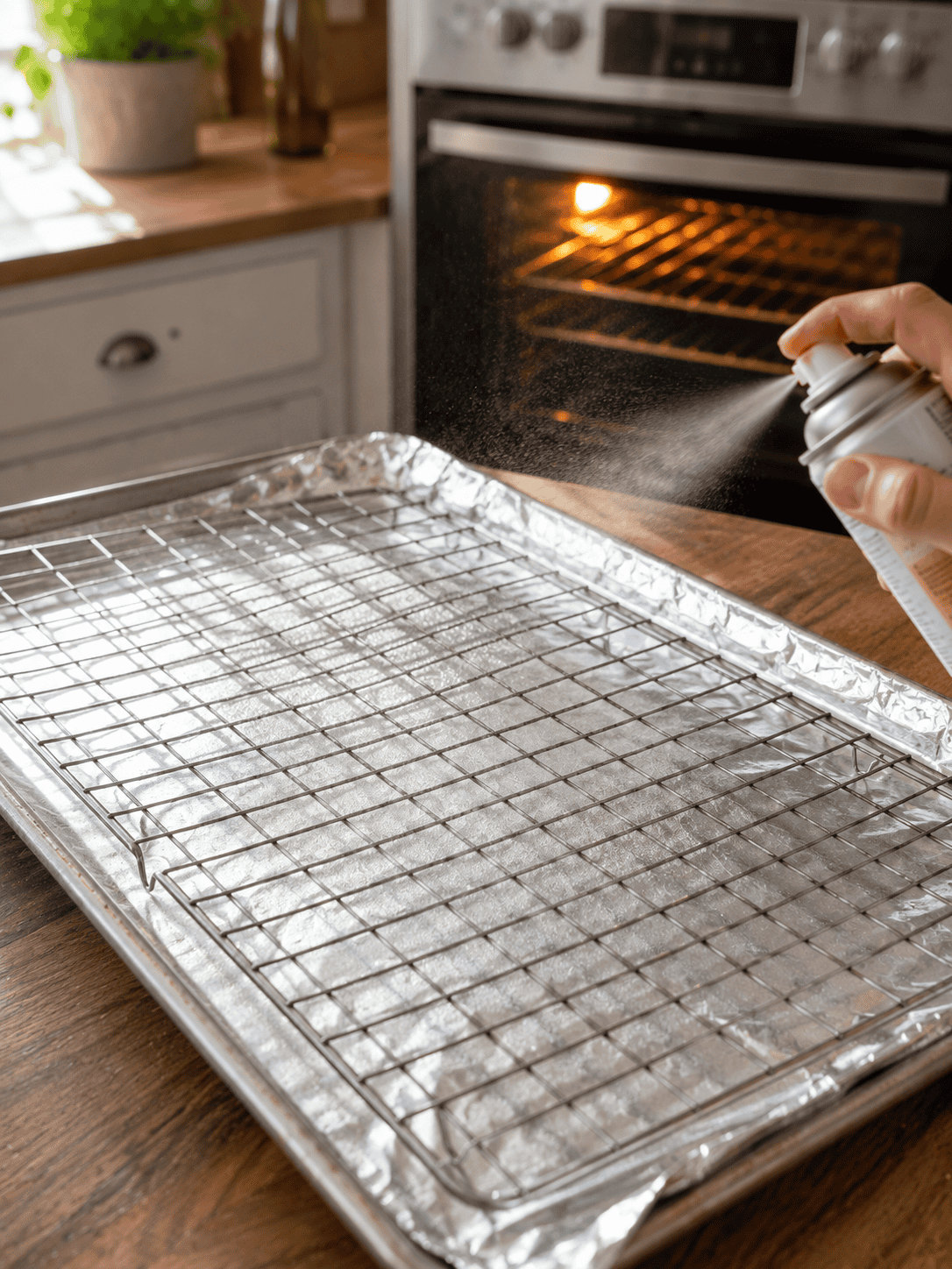 Foil-lined baking sheet with wire rack set up and lightly sprayed — ready for the chicken drumsticks