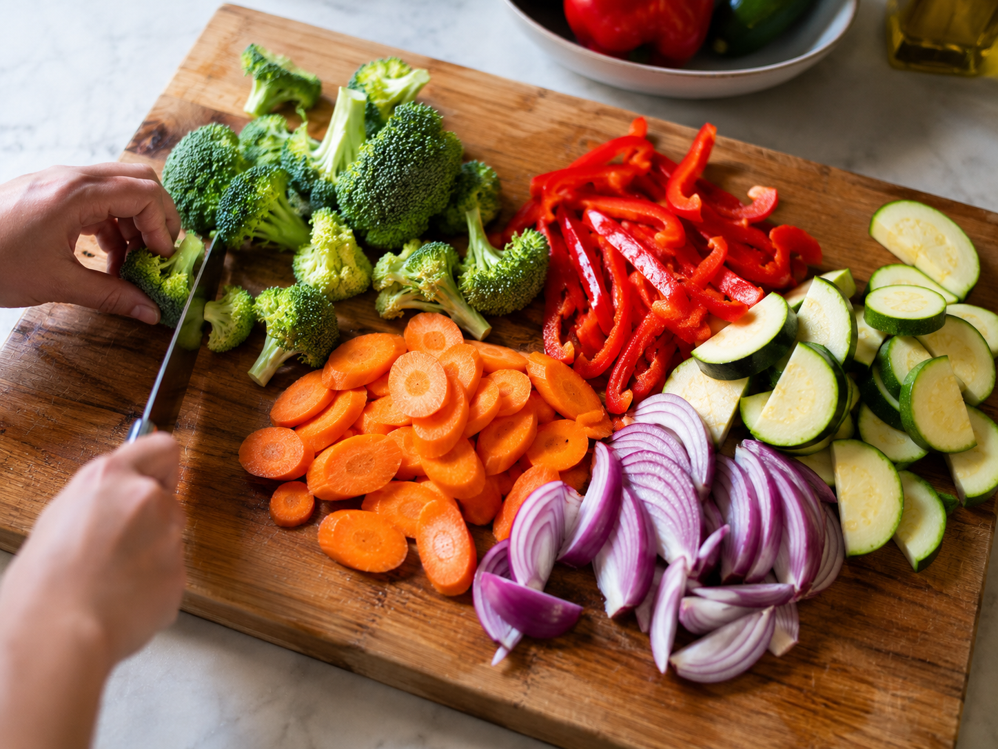 Chopped and prepped vegetables on a cutting board &mdash; broccoli florets, diagonal carrot slices, bell pepper strips, zucchini half-moons and red onion wedges all cut to similar sizes