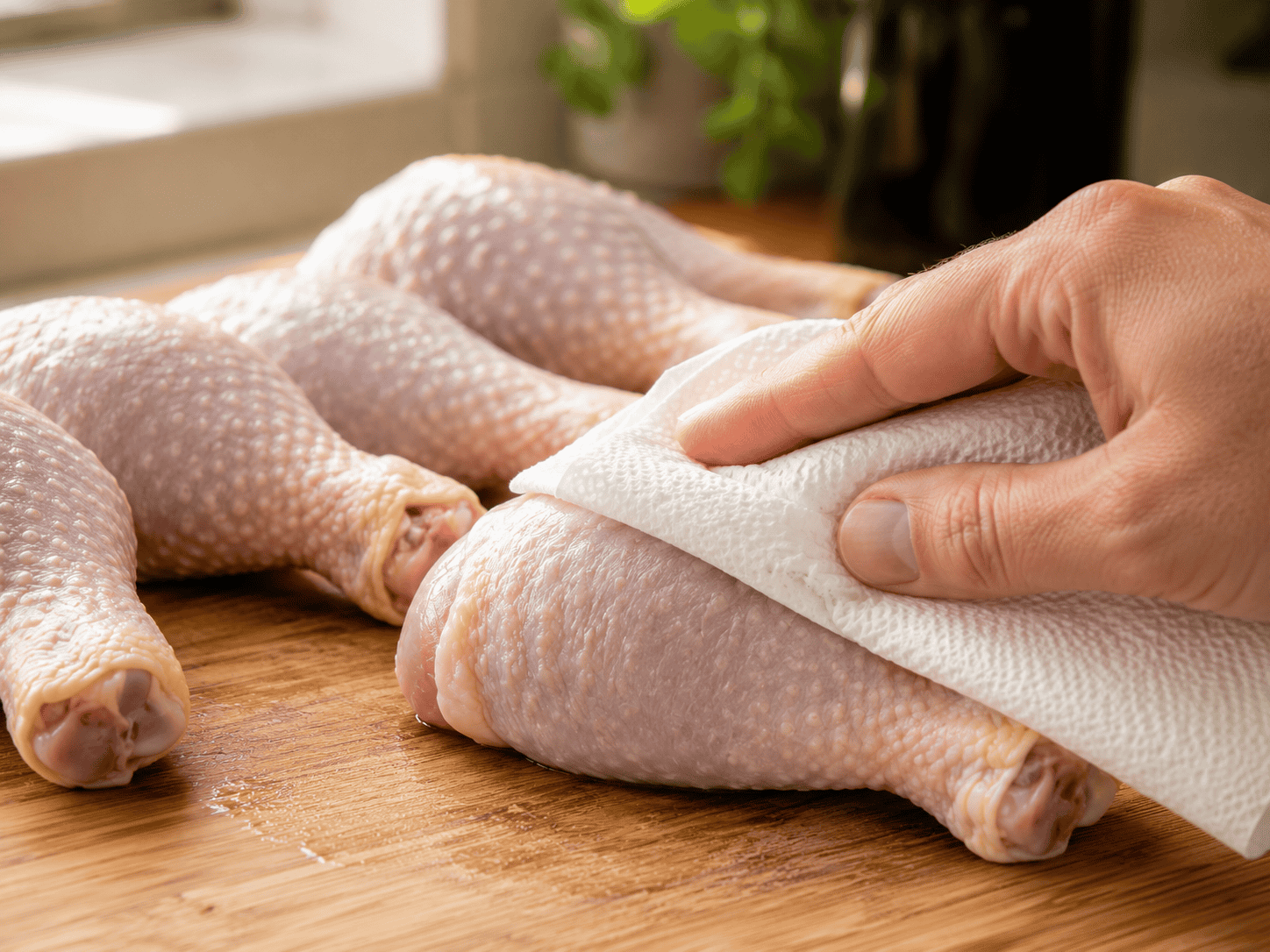 Chicken drumsticks being patted dry all over with paper towels before seasoning