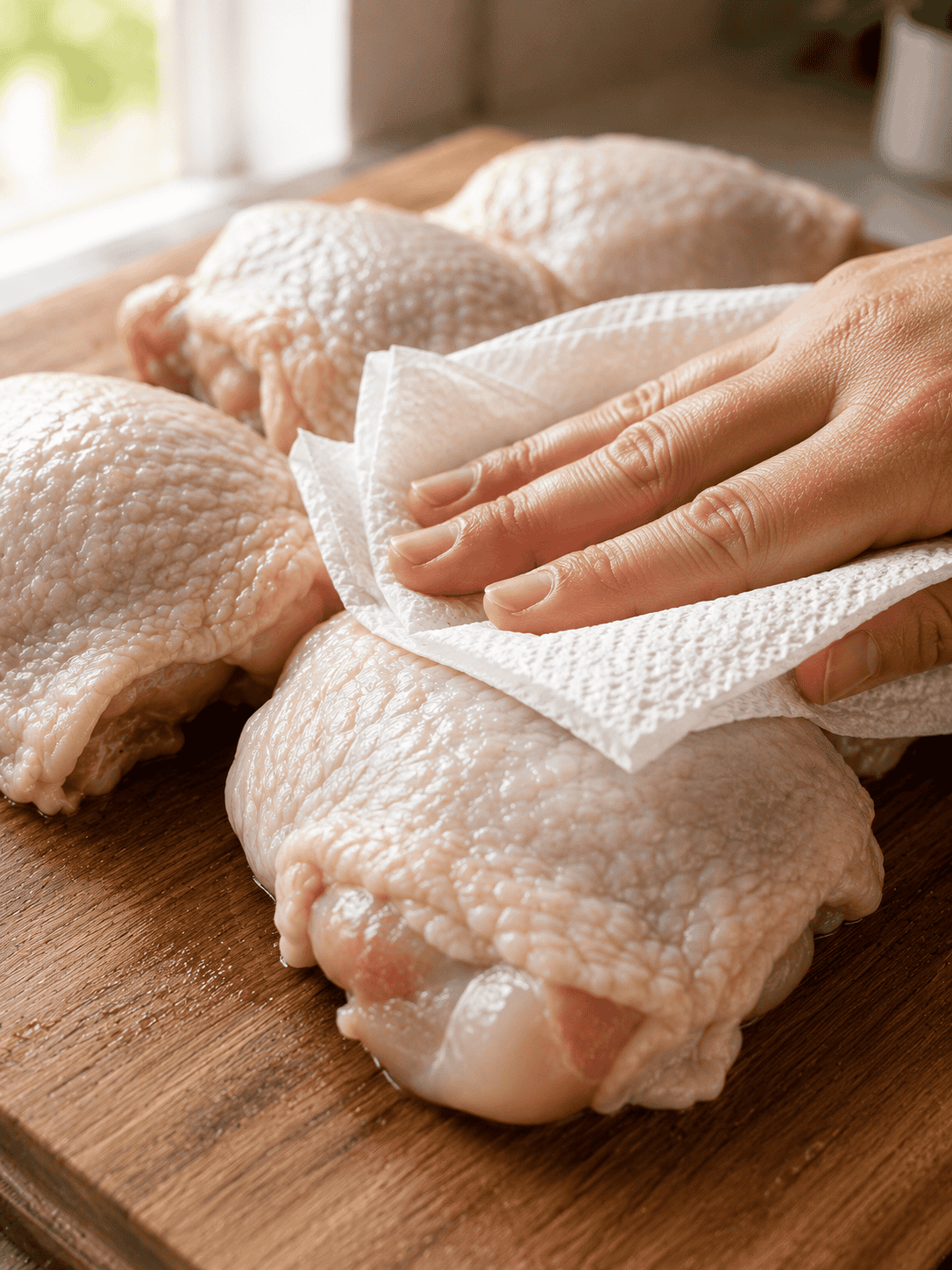 Chicken thighs being patted dry with paper towels on both sides before seasoning