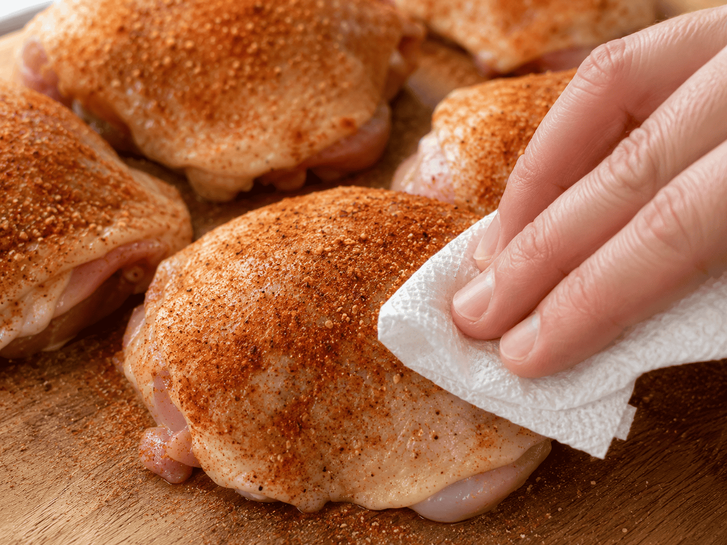Chicken thighs seasoned with paprika, garlic powder, salt and pepper on both sides